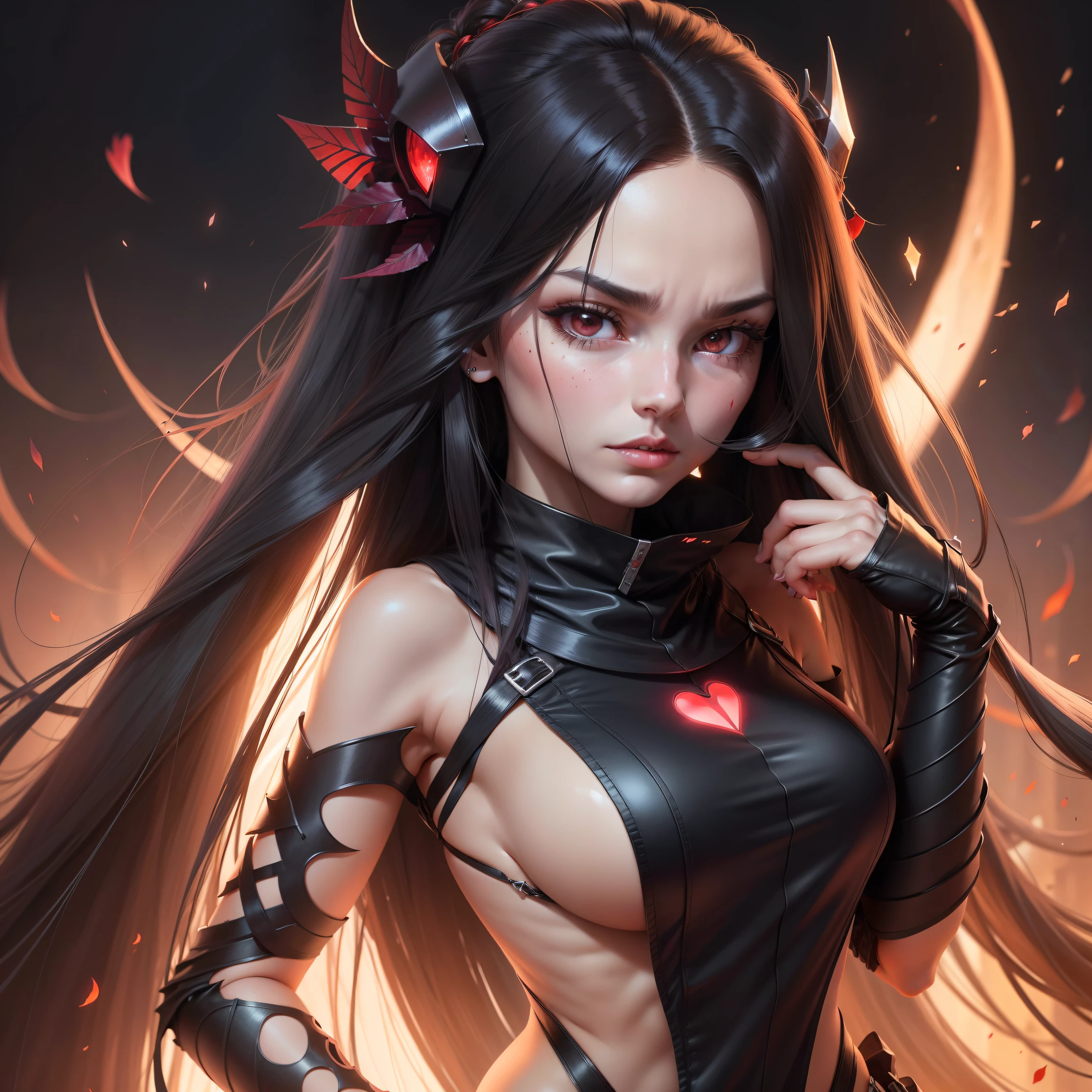 Heart reaper, female, long hair, fleckles on the nose bridge, looking powerful, heteromonocromia , flowing long hair