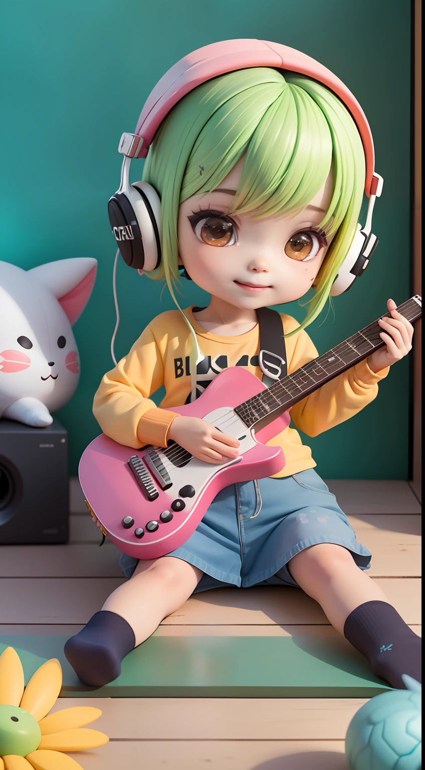 1girl, chibi, bonito, sorriso, boca aberta,
flor, ao ar livre, tocando guitarra, camisa, cabelo curto, cabelo multicolor, mangas longas, franja, fones de ouvido, cabelo preto,
