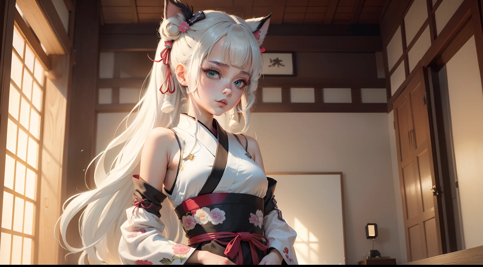 Kimetsu no yaiba style, (((1girll))), 独奏, greene eyes, White colored hair, extra very long hair, double bun hair, Hairpin,  Sleeveless kimono, Detached sleeves, Obi Green Belt, Painted lips, Cat hair decoration, hair adornments, blushed cheeks, ((Masterpiece)), ((portraite of a)), In a Japanese house, (tmasterpiece), (best qualityer), (overdetalization),(messy  hair),(illustratio), (a 1girl), (Trendy clothes), Stands, model, looking at viewert, (interview), (Simple background), Beautiful detail eyes, Gentle and beautiful face, Soaring, (High saturation), (Colorful splashes), colorful bubble, (Radiance), Facial focus, (Radiance), better lighting, better shade, (tmasterpiece, hiquality, best qualityer), 8k wall paper, super detailing,