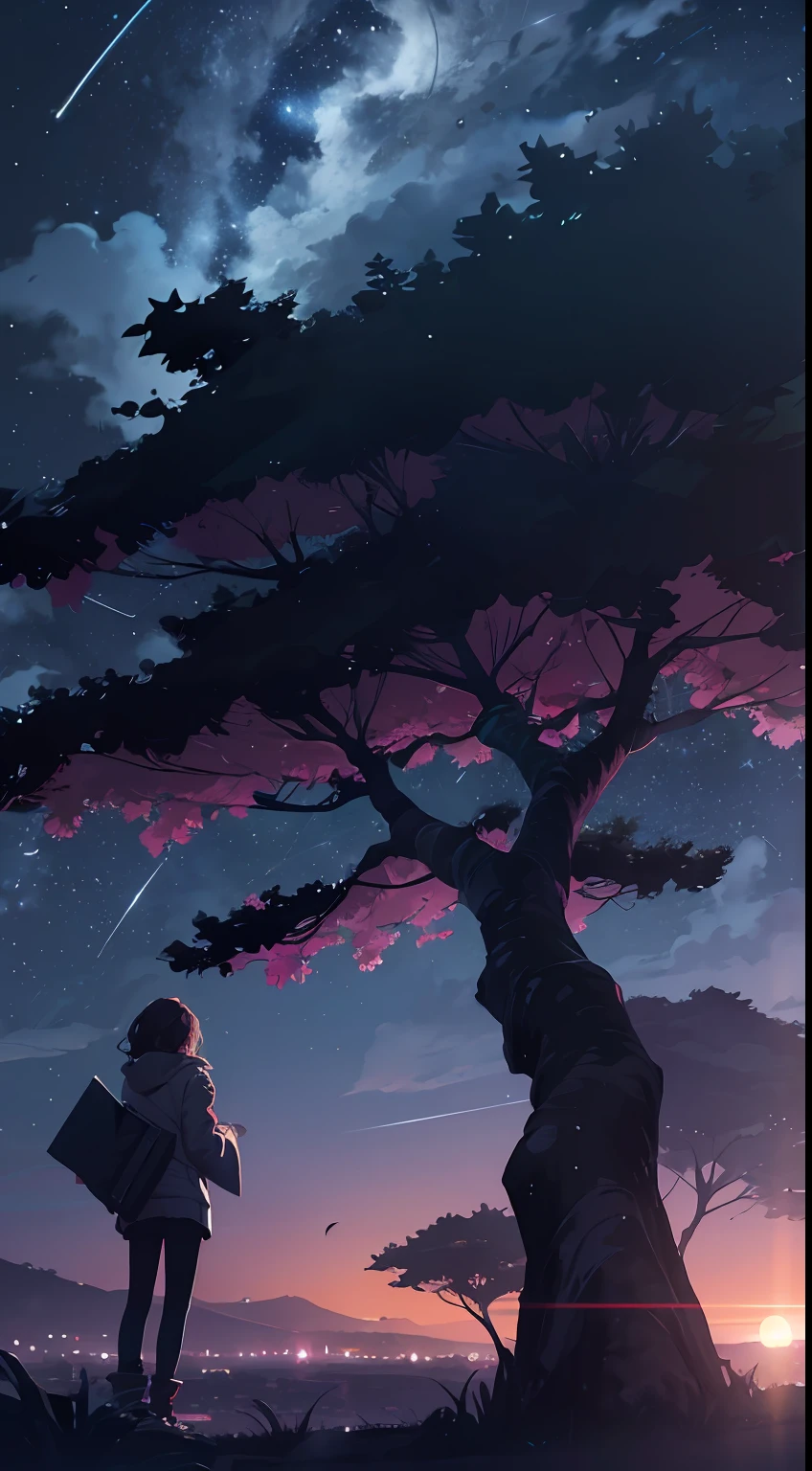 octans, heaven, estrela (heaven), paisagem, starly sky, noite, 1girl, night  sky, solo, ao ar livre, bilding, nuvem, milky ways, sentado, tree, cabelo longo, cidade, silhueta, paisagem urbana, cabelos loiros