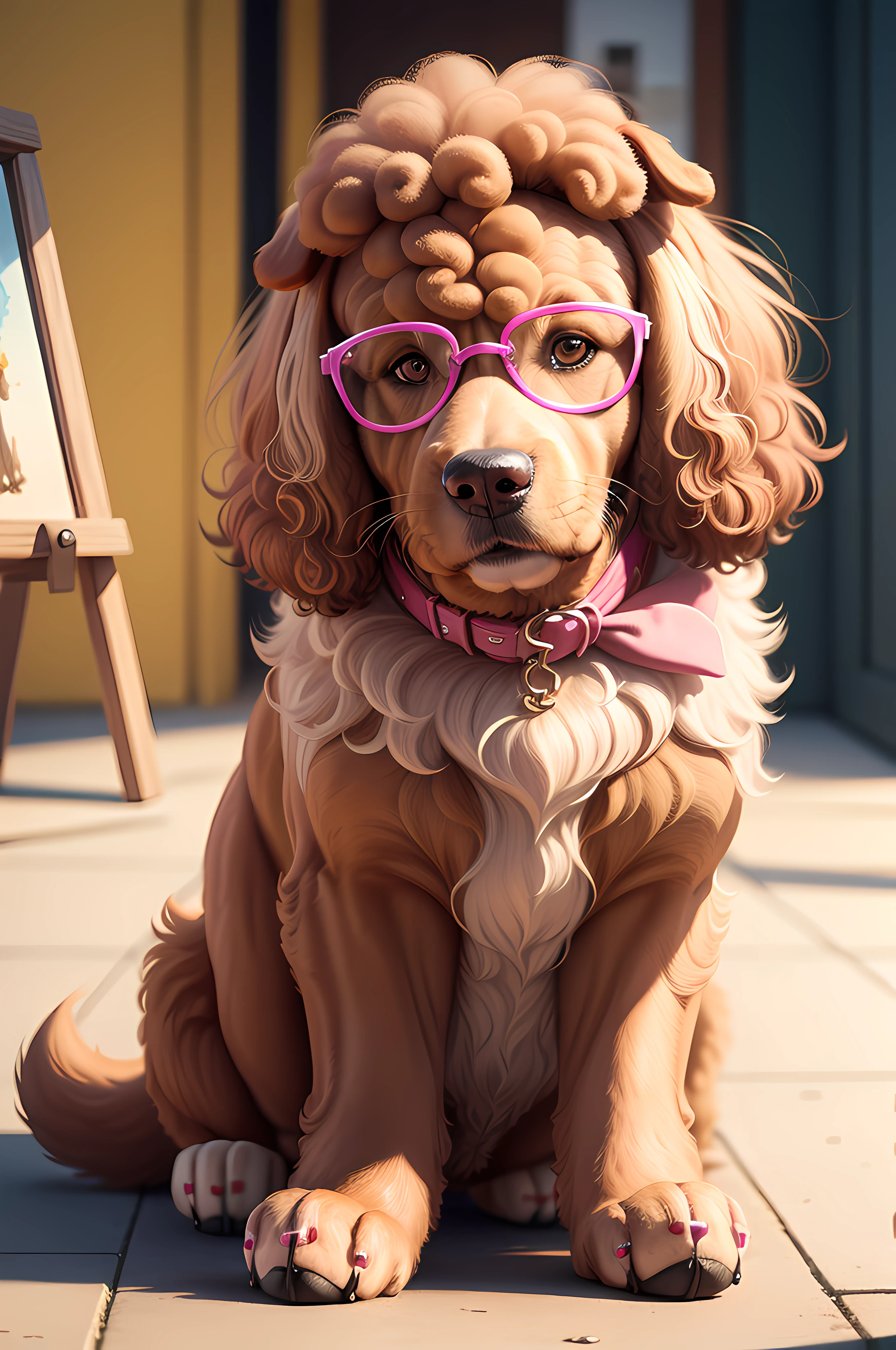 Dog, Poodle with glasses, realistic, 3d, 8k, painting, strong, vibrant colors, with clothes, yellow and pink