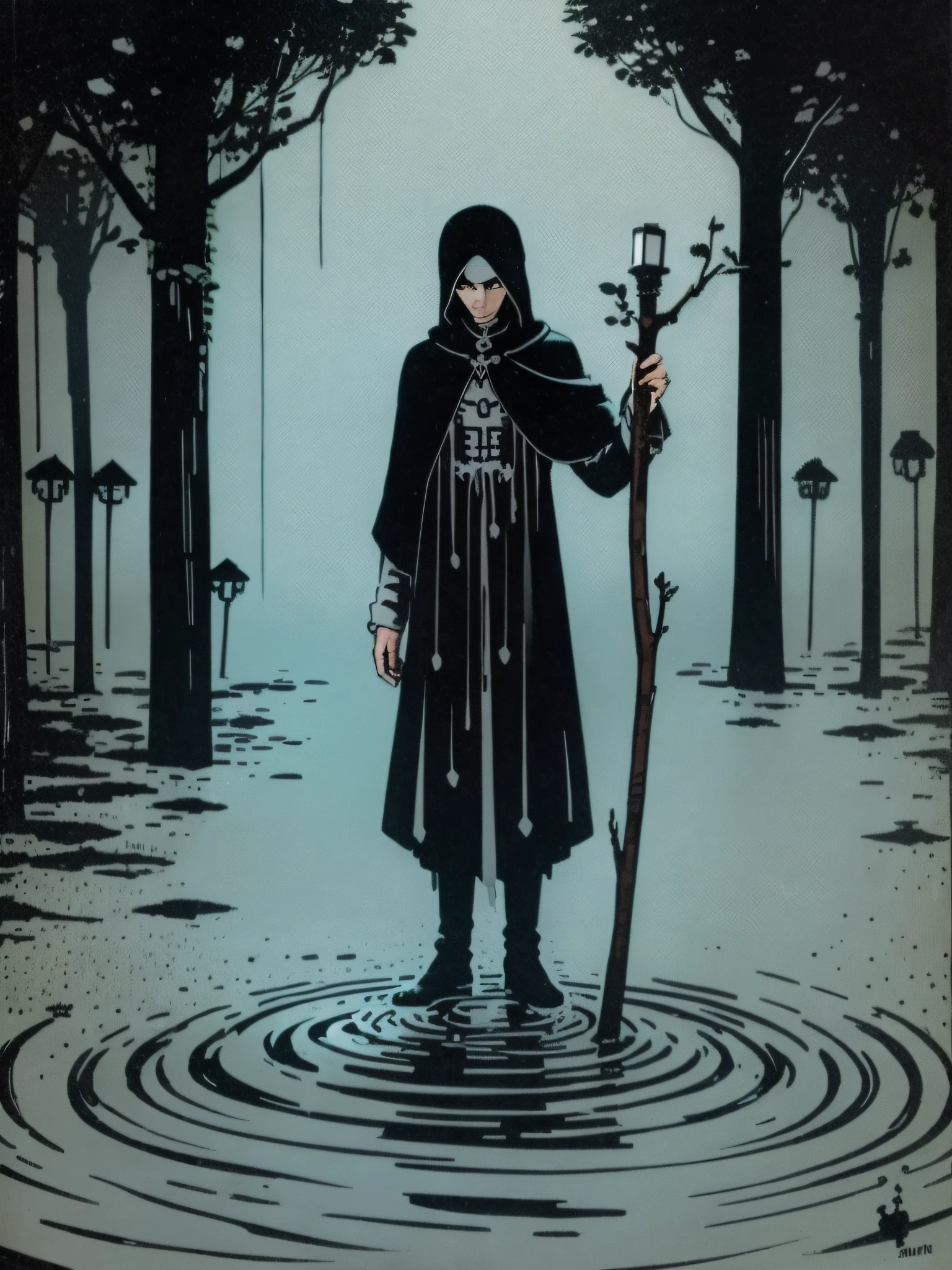 Gris Grimly stick figure illustration of man standing in water