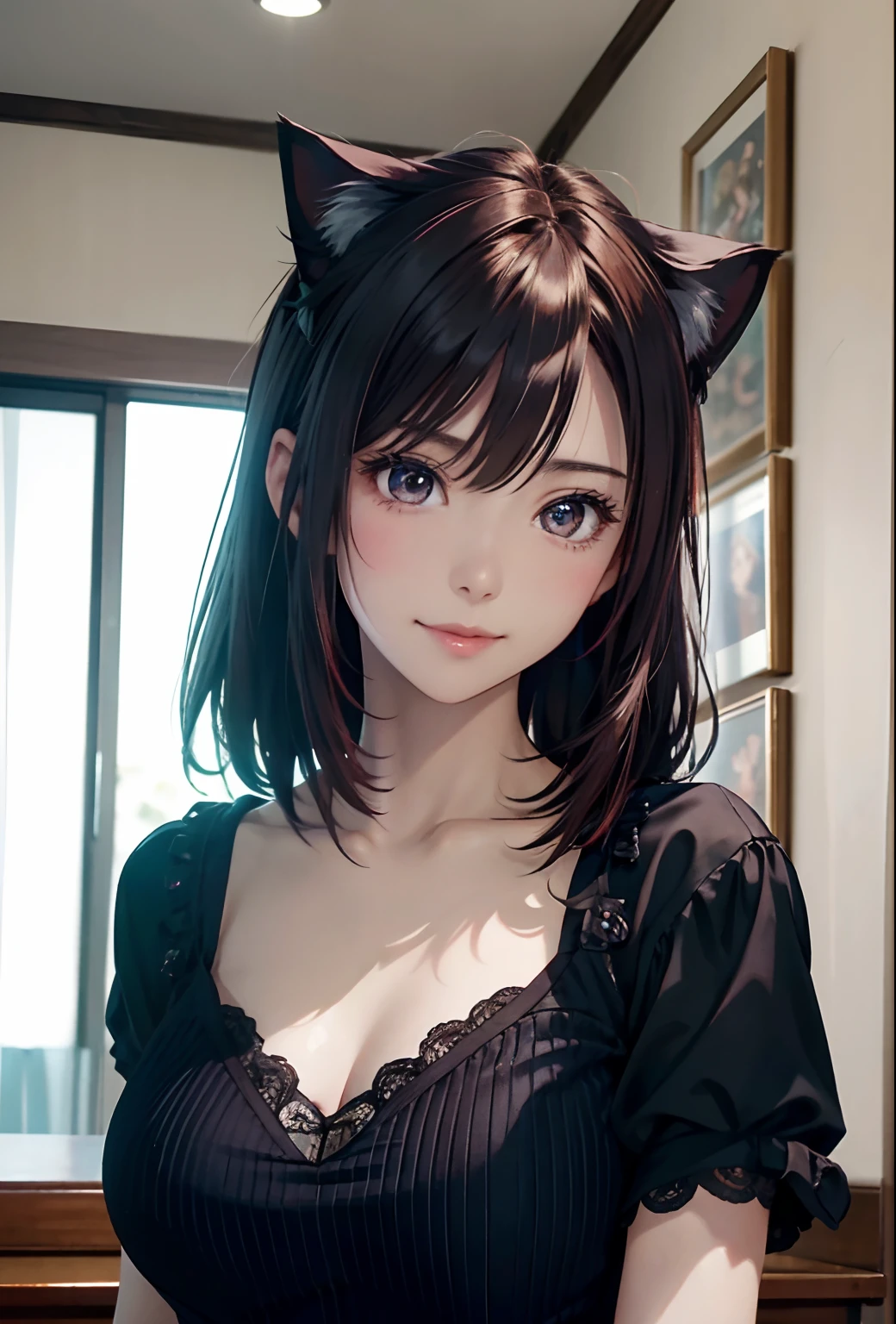 (8K、hentail realism、RAW photography、top-quality: 1.3)、(1girll)、Super beauty、(Real face)、(Royal sister type、Natural color berry shorthair cat)、T-shirt with open chest、Lace，Entice your audience、Beautiful expression、Beautiful breasts、Lover's perspective、（real looking skin）、beatiful smiling face、（soldier）、enticing、超A high resolution、ultra-realistic realism、high detal、Di Li Gerba