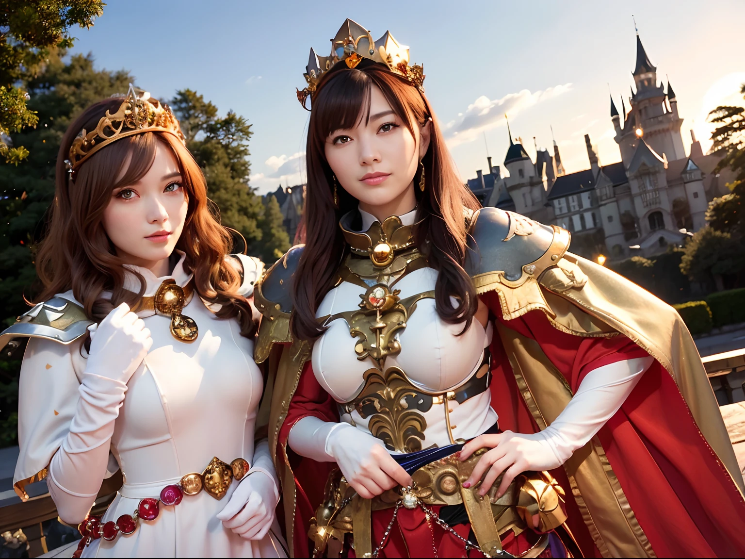 (masutepiece), Professional , masterpiece、top-quality、photos realistic , depth of fields (Gemstone Silver Metal Body:1.9),(Matte White、Jewel Gold Weapon、(Gorgeous castle background)、(ultimate beauty girl)、(Jewel Metal Body:1.4),Gorgeous Jewel Metal Weapons , Detailed Sword of the Brave ,( Soldier background in metal armor) ,warhammer 40k , adepta sororitas,Detail and ornate jewel crown、独奏、Brown hair、(Gangle's forest background)、Beautiful Caucasian beauty、1a person、dynamic ungle,(((Diamond tiara with detail and luxury)))、a small face、A smile、Powerful poses、(Gorgeous castle background)、huge filesize、20 year old beautiful woman、Stand in the center of the screen、Thin female fingers、Straight long hair、Beautiful Caucasian beauty、