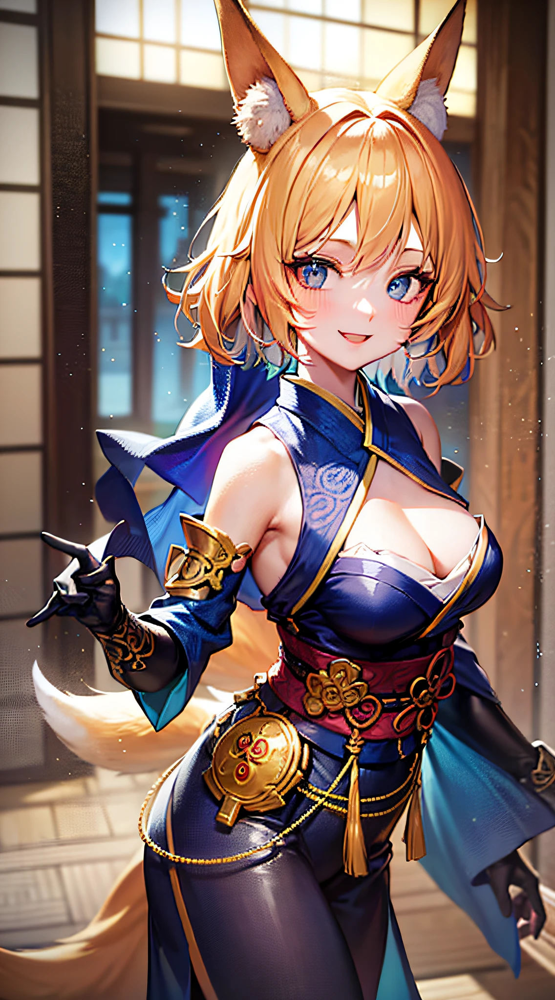 (absurdres:1.2)| (anti-alias:1.2)| (upscale:1.2)|priest ((beautiful detailed ornate japanese temple background)) light particles| blue kimono with elaborate patterns, friendly smile, shoulder length blonde hair, blue eyes, vibrant colors, fox ears (fox tail) sfw, clothed, medium breasts
