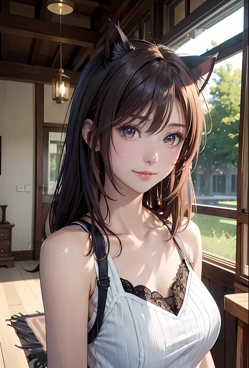 (8K、hentail realism、RAW photography、top-quality: 1.3)、(1girll)、Super beauty、(Real face)、(Royal sister type、Natural color berry shorthair cat)、T-shirt with open chest、Lace,Entice your audience、Beautiful expression、Beautiful breasts、Lover's perspective、(real looking skin)、beatiful smiling face、(soldier)、enticing、超A high resolution、ultra-realistic realism、high detal、Di Li Gerba