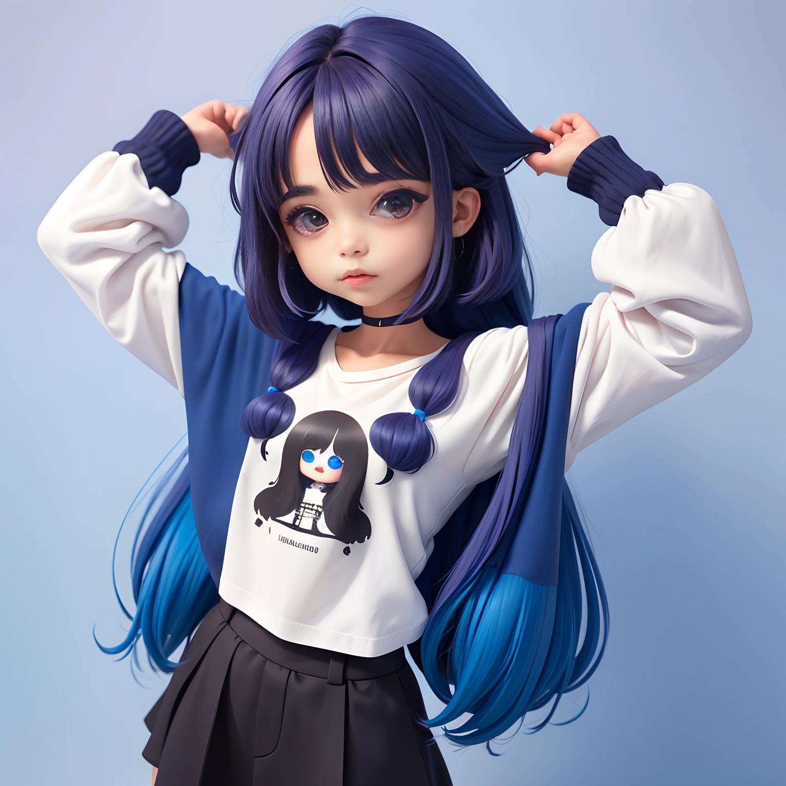 loli menina bonita com cabelo castanho, medium long shoulder-length hair, moletom preto com capuz, fundo limpo azul claro, parte superior do corpo,