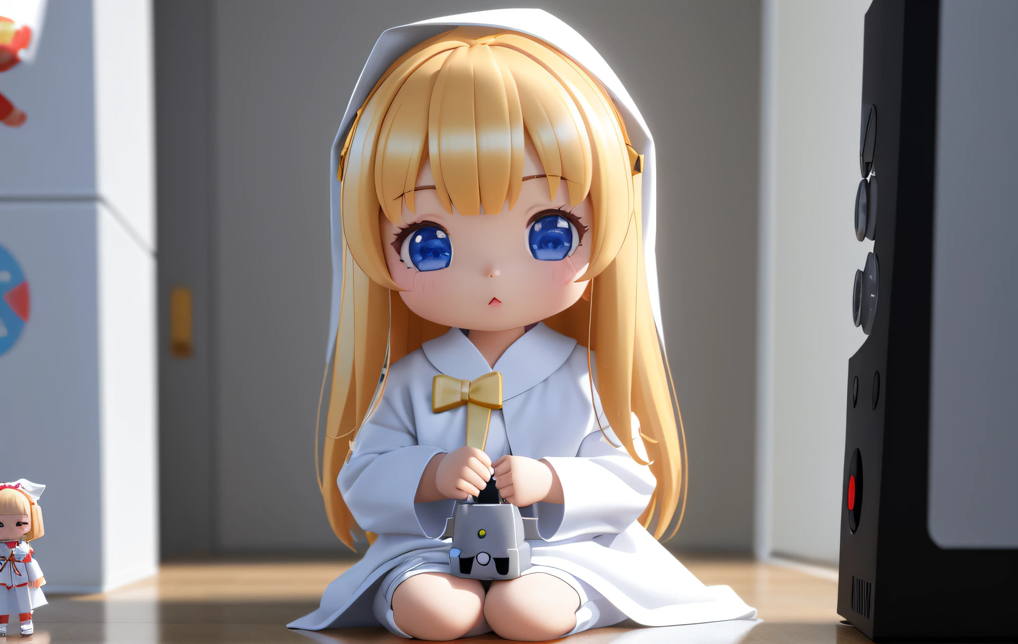 PopMart Blind Box IP, a close-up of a cute, white robe doll, young wanangel style, wearing long and fluent clothes, wlop style, pocelain doll, little people; Unreal Engine 5, Lite 3D/C4D production: 8K HD quality/lighting/ultra-detailed lens depiction 1.5, flawless, chibi background/cinematic.