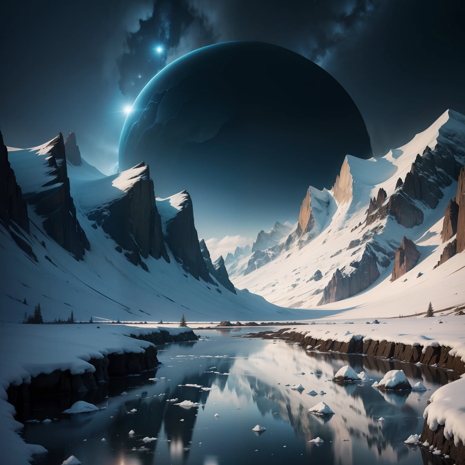 Fantastic glacial environment at night , paisagem sombria , filme de terror , pouca luminosidade, ambiente sinistro , almas dos mortos, genial , sem fontes luz , sombrio , nuvens cinza , No Water , no trees, sem rochas,