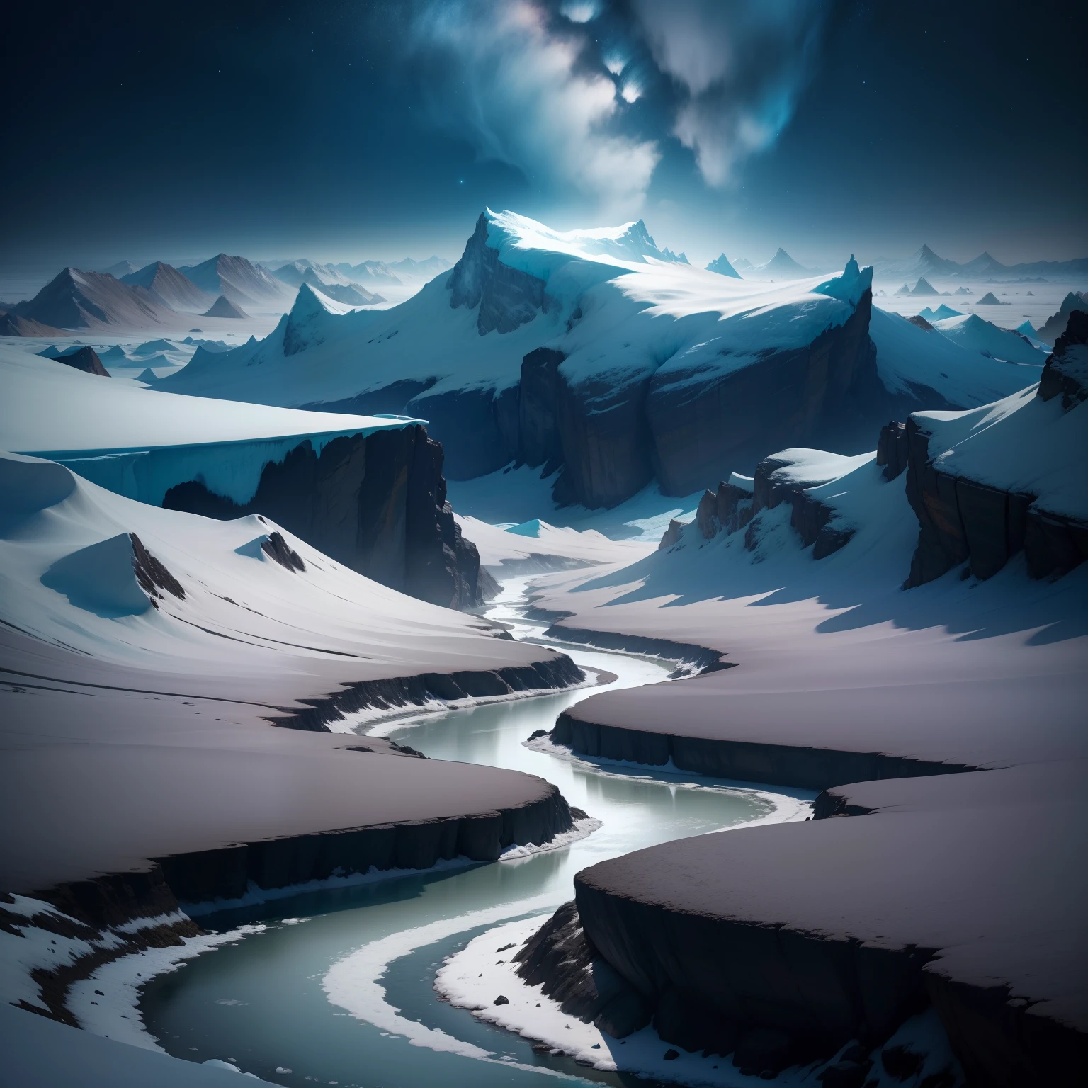 Fantastic glacial environment at night , paisagem sombria , filme de terror , pouca luminosidade, ambiente sinistro , almas dos mortos, genial , sem fontes luz , sombrio , nuvens cinza , No Water , no trees, sem rochas,