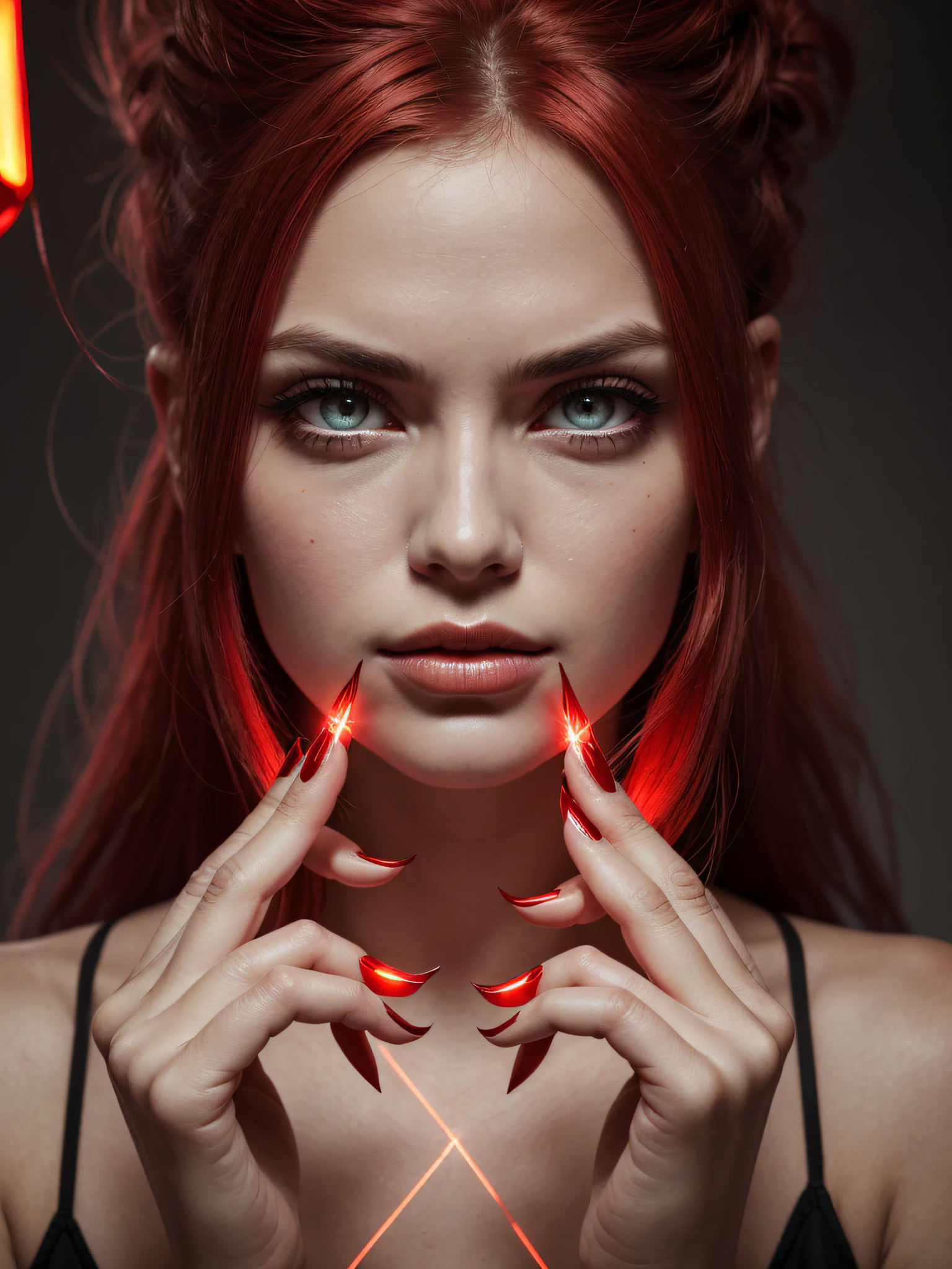 portrait of a 1woman perfect beautiful face, extremely detailed, perfect hands (focus on hands), big nails, thick nails, beautiful nails. Sadistic appearance, (eyes emitting red glow), (earky red hair), (hair emitting red glow), grayscale image
