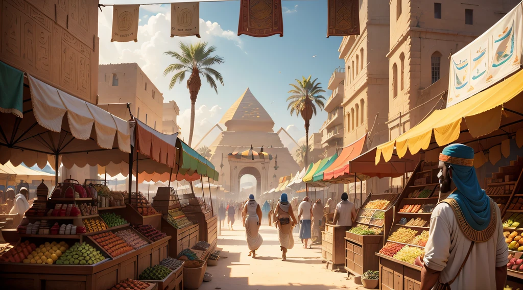 Amir appears in the midst of a bustling marketplace in ancient Egypt. Palm trees sway in the breeze, and merchants peddle their wares. Colorful fabrics hang from stalls, and a pyramid looms majestically in the background. People stare in wonder at Amir's modern clothing.