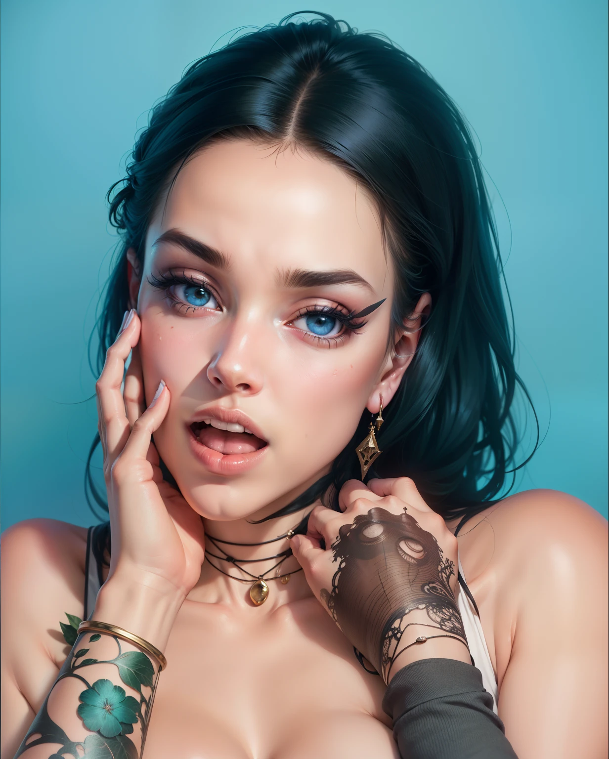 Retrato medio cuerpo, muy detallado cg, Textura detallada, A highly detailed realistic representation of the face, cinematography lighting, facciones de la cara muy detallados, 8 k resolution, 32K, Super-Resolution, hiperrealista, labios color rojo intenso, long eyeslashes, sin cambiar las facciones de la cara muy, tal como se ve la cara en la imagen, mantener la imagen igual a la original, las facciones de la cara igual a la original, Stick as closely as possible to the image
