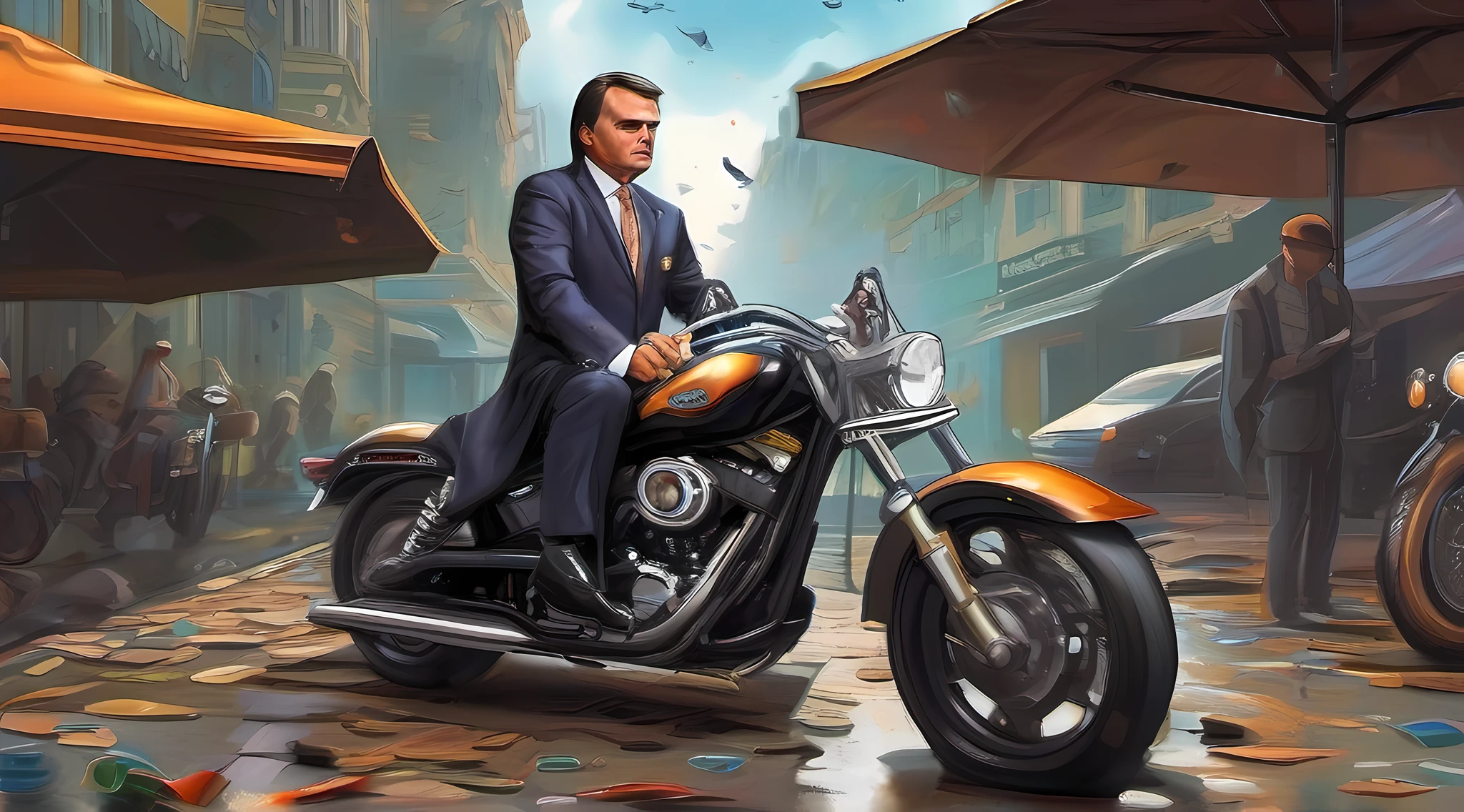 Bolsonaro looking up at the sky, chuva de pedras preciosas, Rolex watches scattered on the floor, moto harley davidson, detalhes intrincados, highes definition, 8k