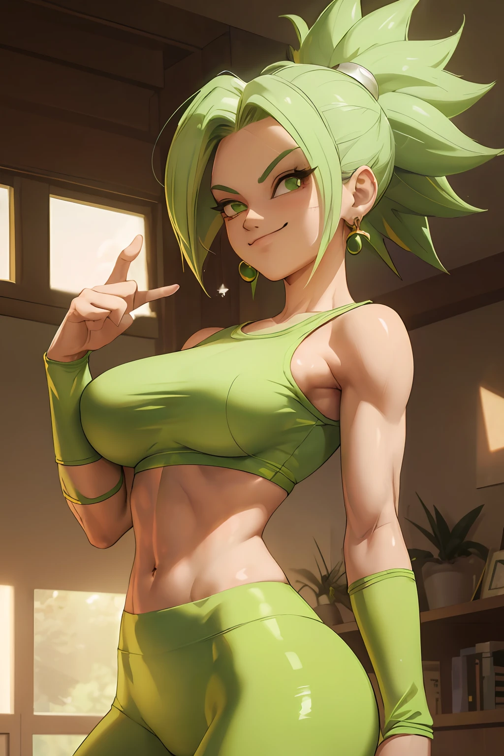 (best quality, masterpiece), green hair, green earrings, yoga pants, yoga bra, skin tight, toned, smug, smirk, kefla, thin waist, backlight,