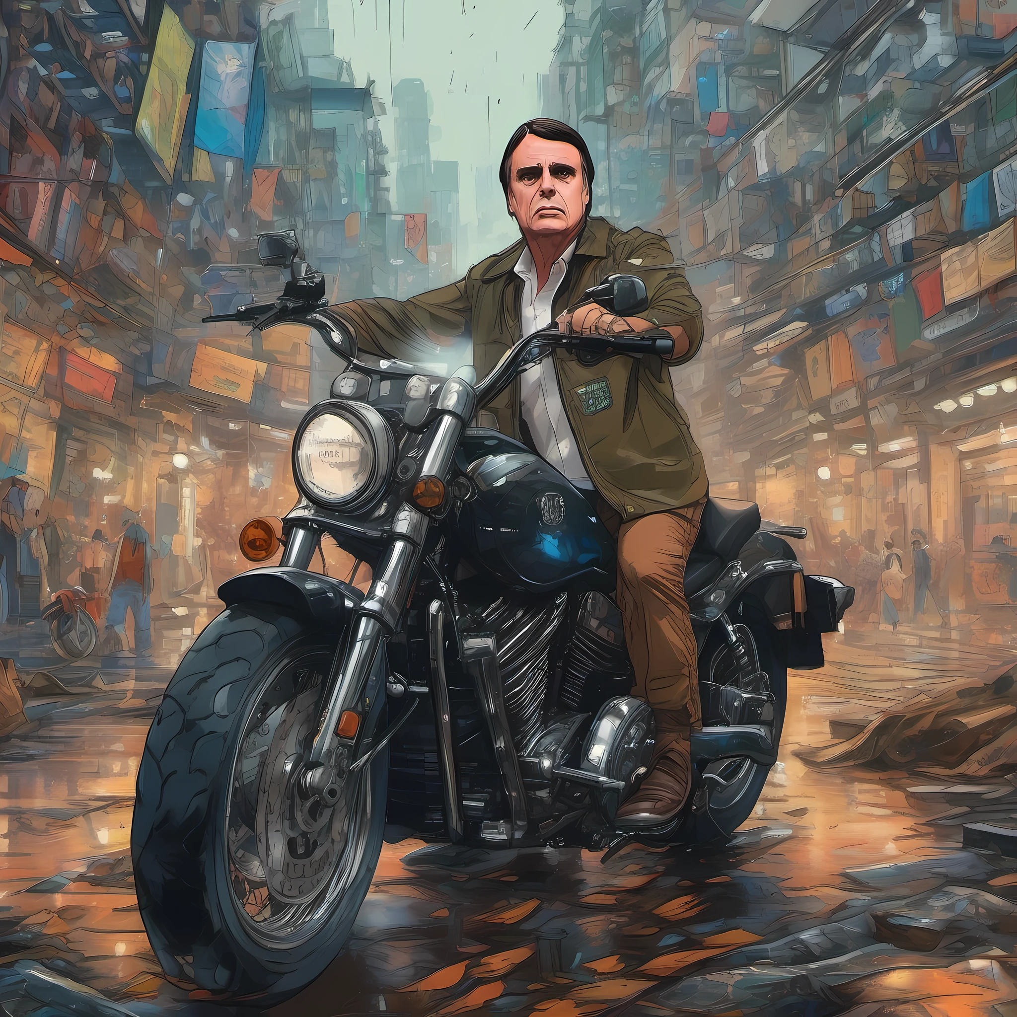 Bolsonaro looking up at the sky, chuva de pedras preciosas, Rolex watches strewn across the floor, Motocicleta Harley Davidson, detalhes intrincados, highes definition, 8k