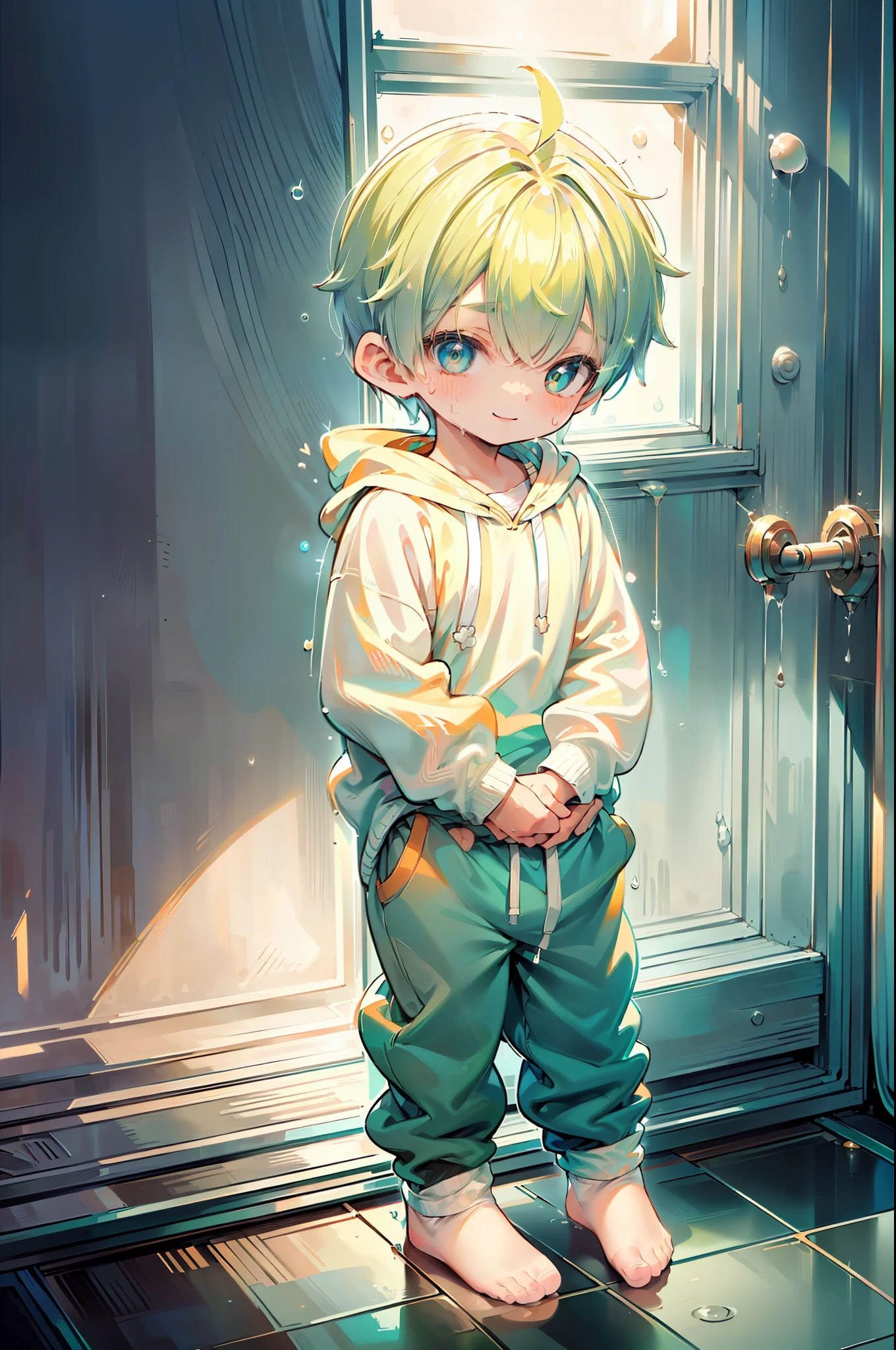 Masterpiece, chubby ********** with green hair and shiny bright orange colored eyes and small socks wearing a hoodie, and oversized sweatpants sitting in a his room, raining outside window, young, boy, child, small, toddler, soft light, (sweatpants:1.4), (undersized socks:1.4), (Boy:1.4), (Shota:1.4), (Young:1.4), (Male:1.4), (smiling:1.4), (foot:1.4), (shy:1.4), (pastel:1.0), (colors:1.0), (cute colors:1.0), (divine:1.0),