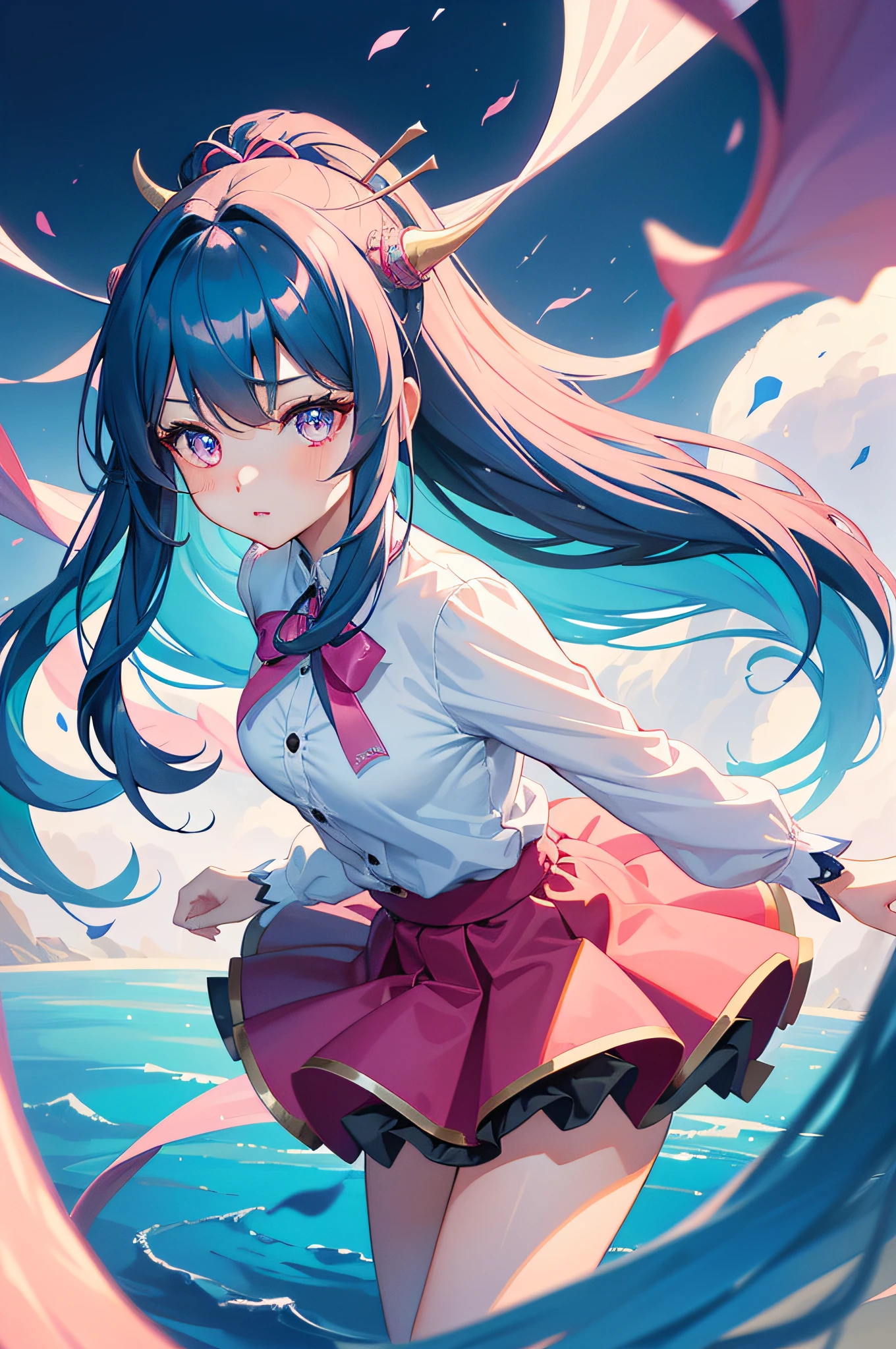 美丽细致的眼睛,floated hair,,Kizi, Eriola of the breast,Grows on pink dragon horns, kawaii,(finely detailed beautiful eyes and detailed face,masterpiece sidelighting,Masterpiece,Best quality,Detailed,high-resolution illustrations), (1girll,Whole body,a beauty girl,Glossy glossy skin,Looking down,view the viewer), (Sky blue hair,Pink eyes,Short skirt,ribbon,button- shirt)solidcolor:0.9),(colours:1.1),(tmasterpiece:1,2),closeup of face,Dragon Girl