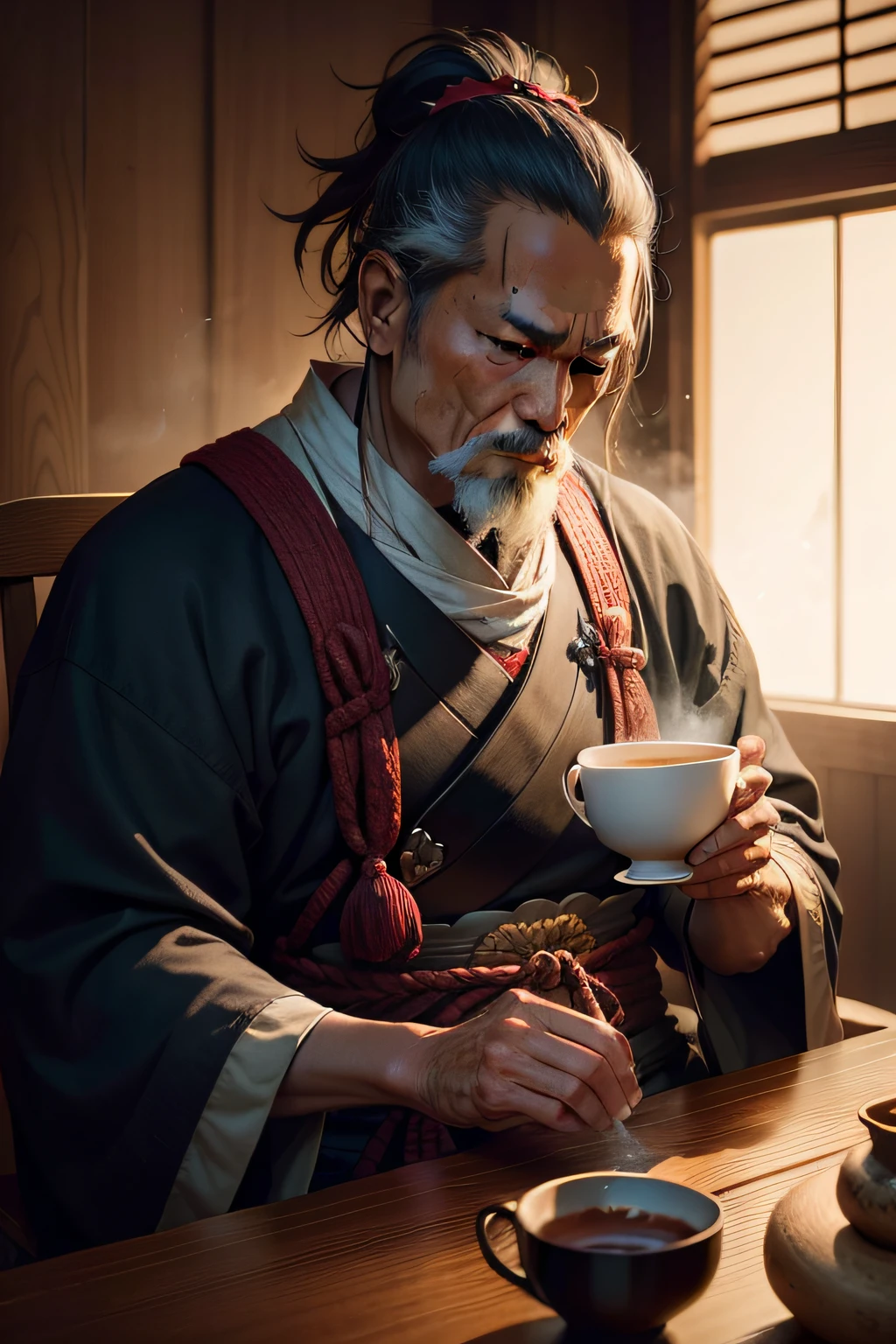 "The old samurai, with his strength and wisdom accumulated over the years, carefully prepared a cup of tea, apreciando cada momento de tranquilidade antes de mais um dia de batalha.”