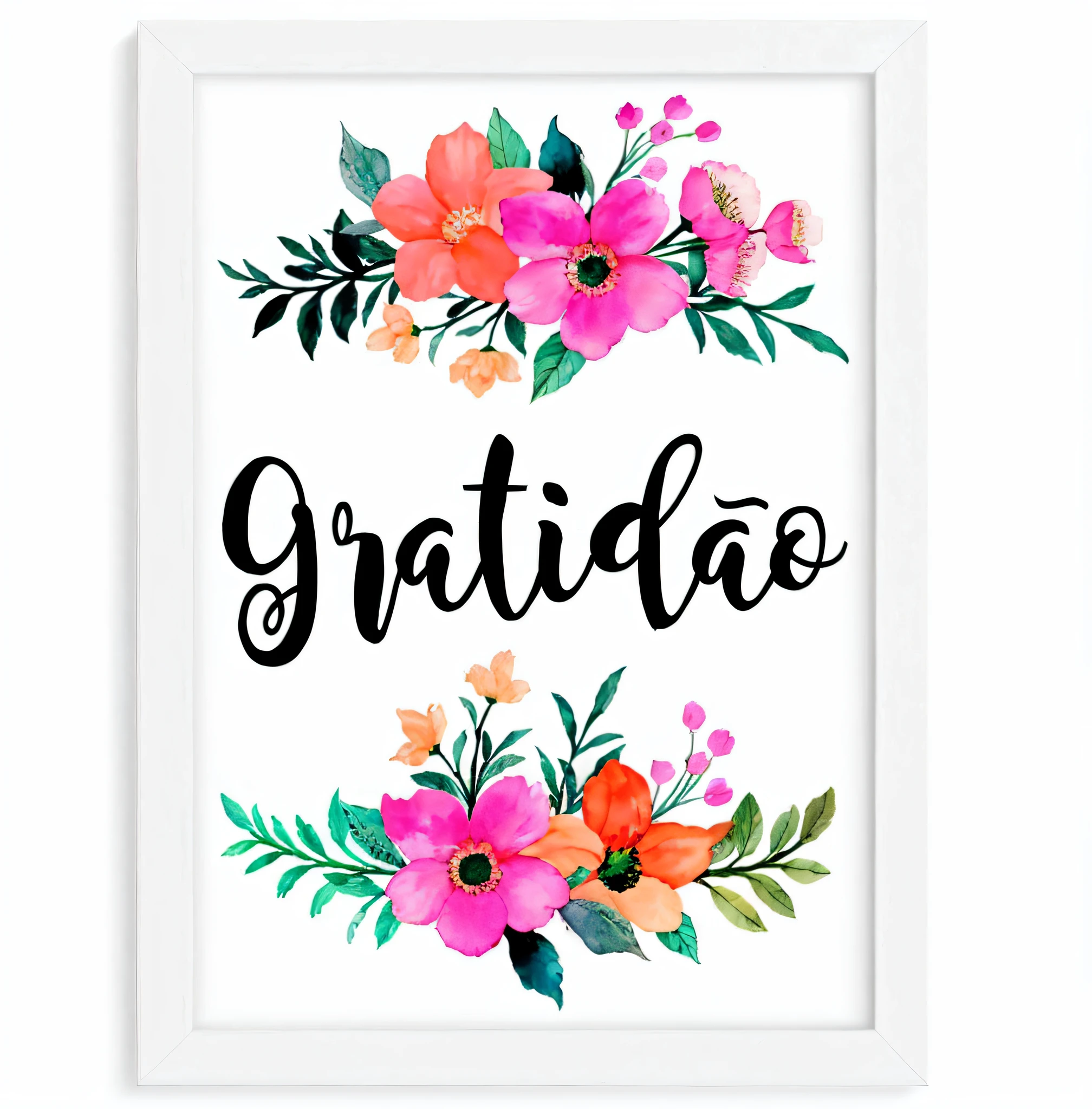 a white print framed with a floral watercolor design and the word gratitude, branco bg, Directed by: Nandor Soldier, postapo, sem gradientes, "Arte moderna da caligrafia, PP, G6, by Almeida Júnior, Gracioso, guache, goodlooking, ( ( ( colorido ) ) ), Directed by: Ramon Silva, Garavato
