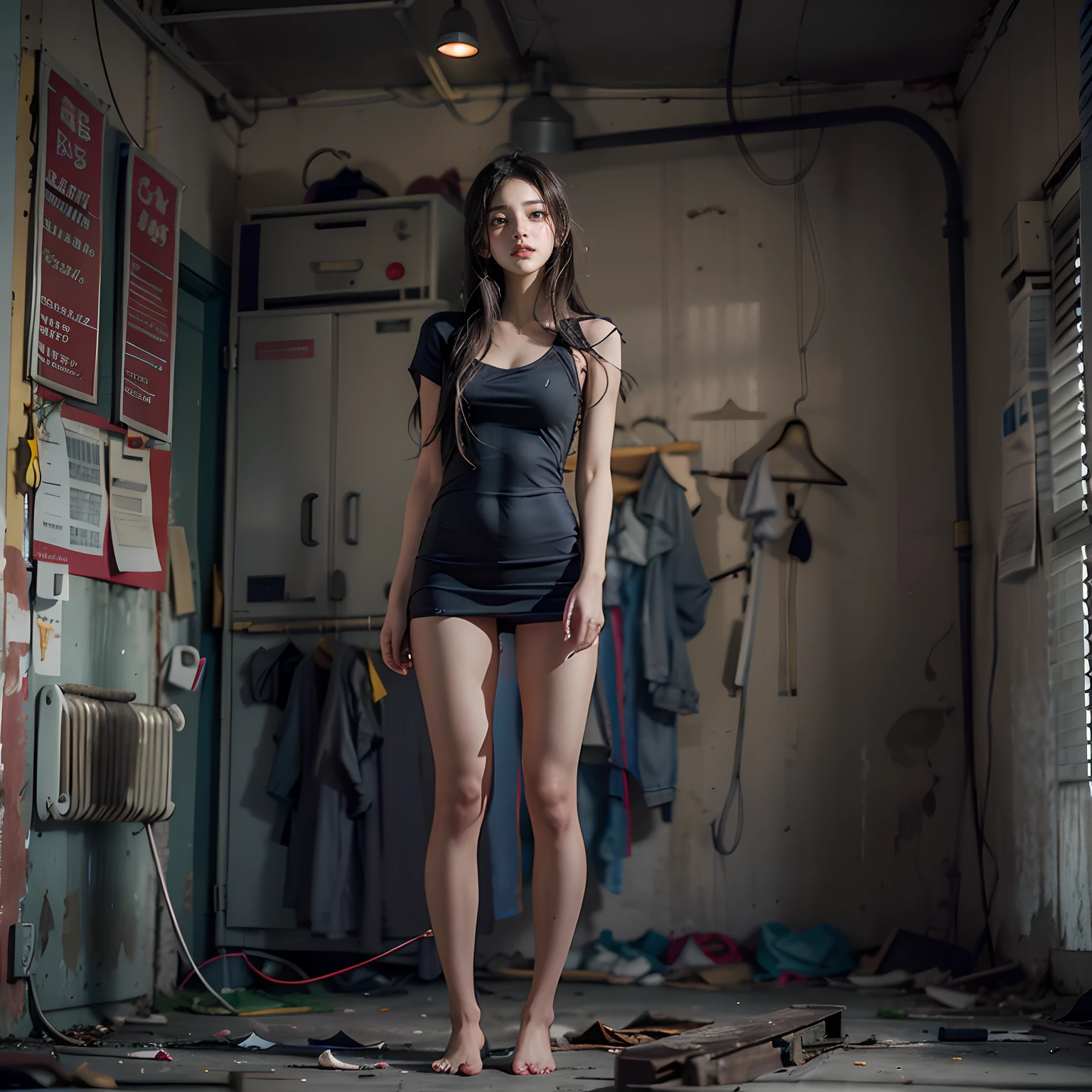 Abandoned construction sites，Sexy standing pose，Full body portrait 1.1，18 years old girls，lean and slender body，Skinny，As thin as a whipping post，The barefoot，(Random nudity all over the body)，(Random exposure of genitals)，facing to audience