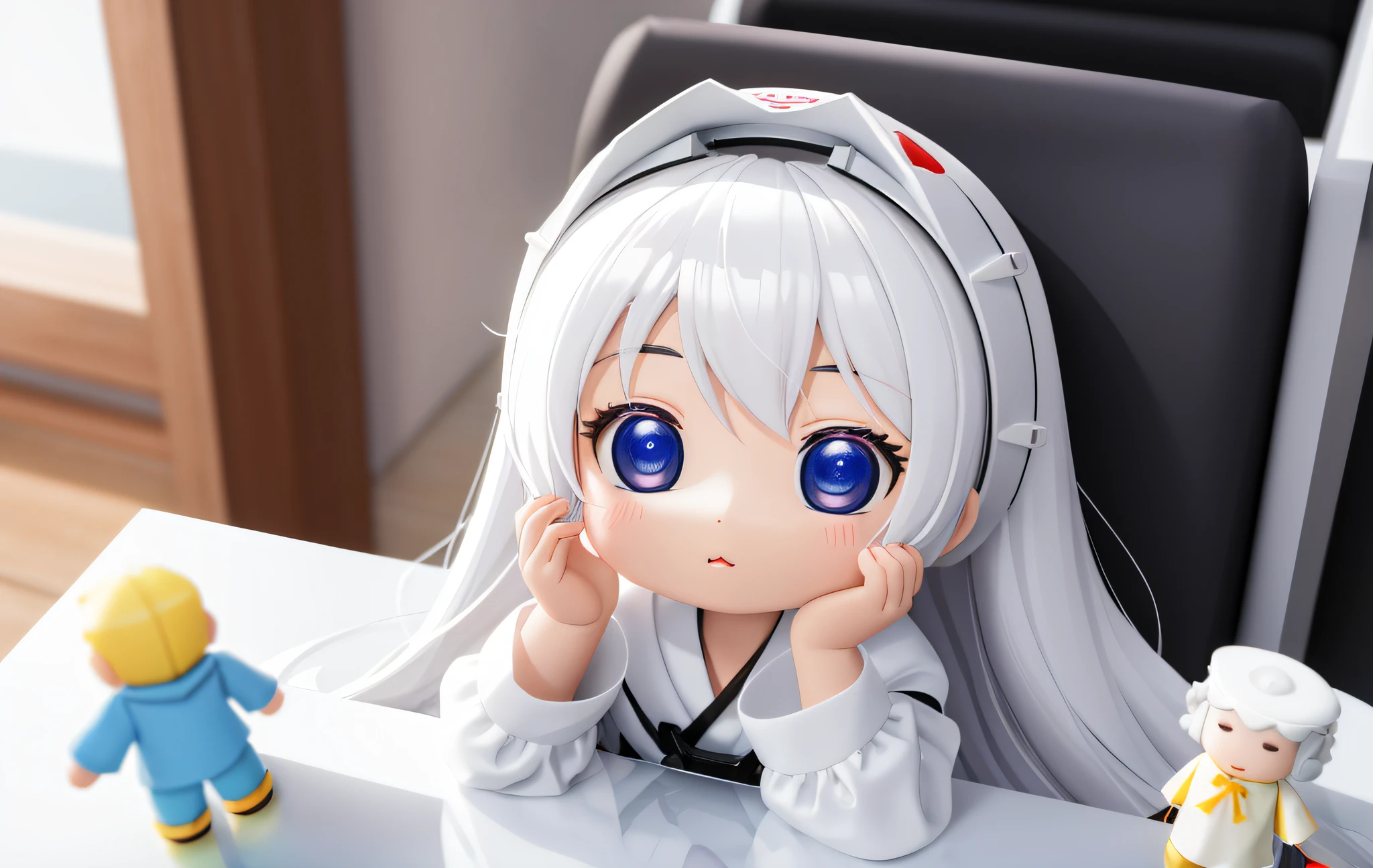 PopMart Blind Box IP, a close-up of a cute, white robe doll, young wanangel style, wearing long and fluent clothes, wlop style, pocelain doll, little people; Unreal Engine 5, Lite 3D/C4D production: 8K HD quality/lighting/ultra-detailed lens depiction 1.5, flawless, chibi background/cinematic.