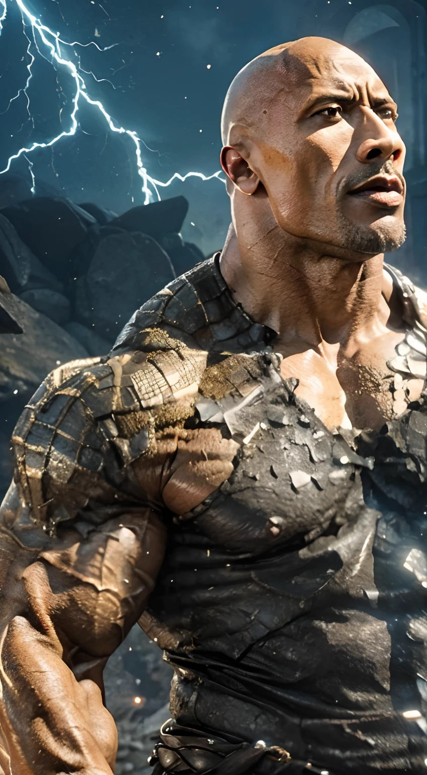 ((Calvo Dwayne Johnson)) feito de pedra, torso, , macho, ((master part, best quality)), textura de asfalto vermelho rachado, (eletricidade branca intrincada aos detalhes) (detalhe da pele emitindo eletricidade), musculoso masculino, (Dragonborn: 0.6), cabelos brancos, ao ar livre, Antecedentes detalhados