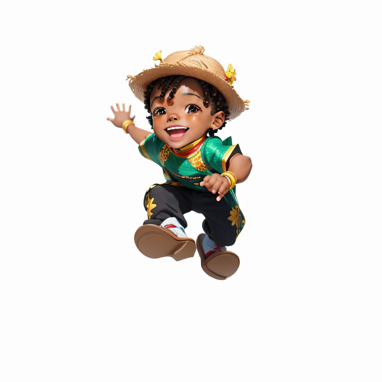 "Turn the image into a portrait of an adorable and lively black boy, with African facial features. He's radiant, sorrindo e celebrando, cheio de alegria e felicidade, roupa de festa junina, Make your hands well detailed, estilo cartoon"