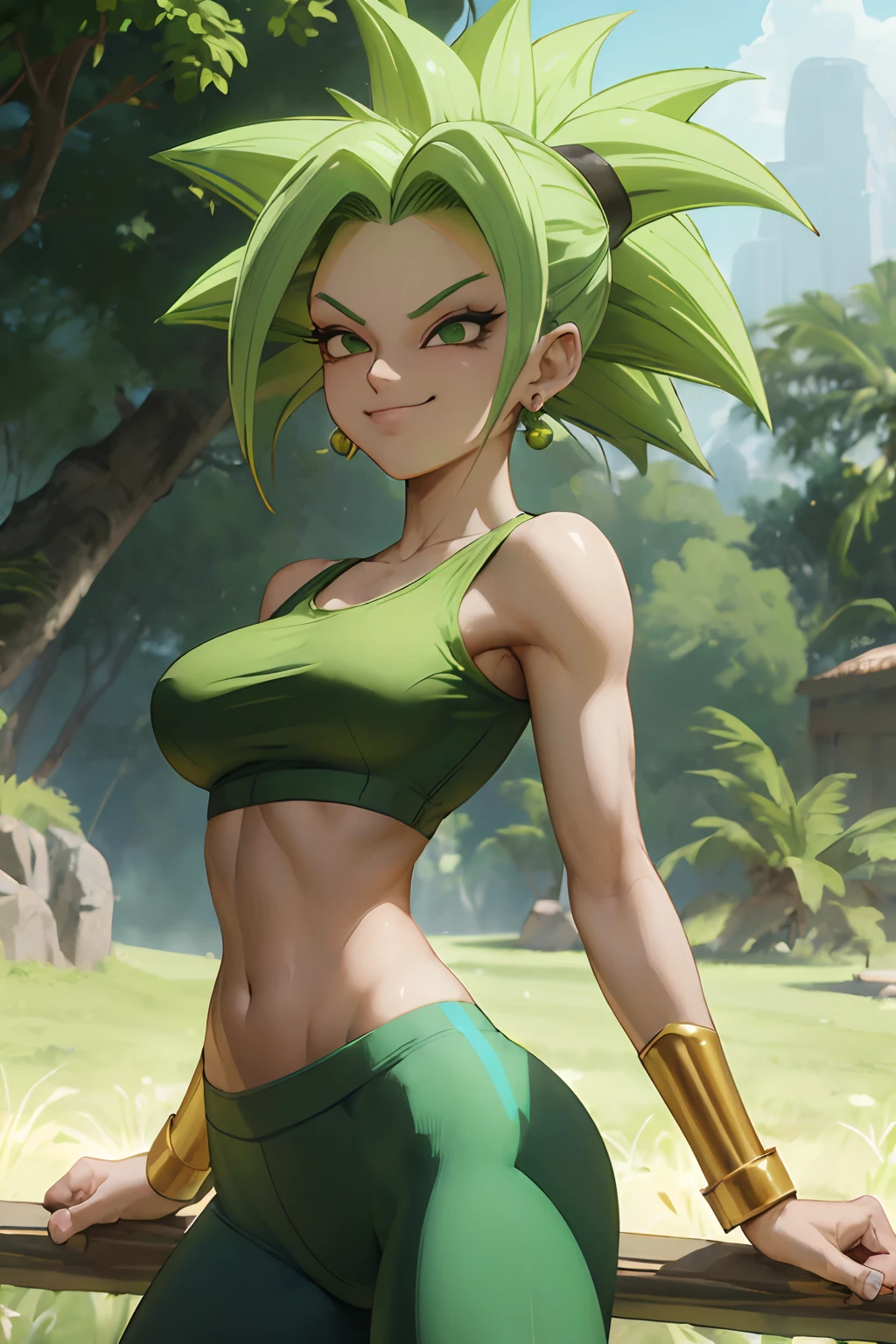 (best quality, masterpiece), green hair, green earrings, yoga pants, yoga bra, skin tight, toned, smug, smirk, kefla, thin waist, backlight,