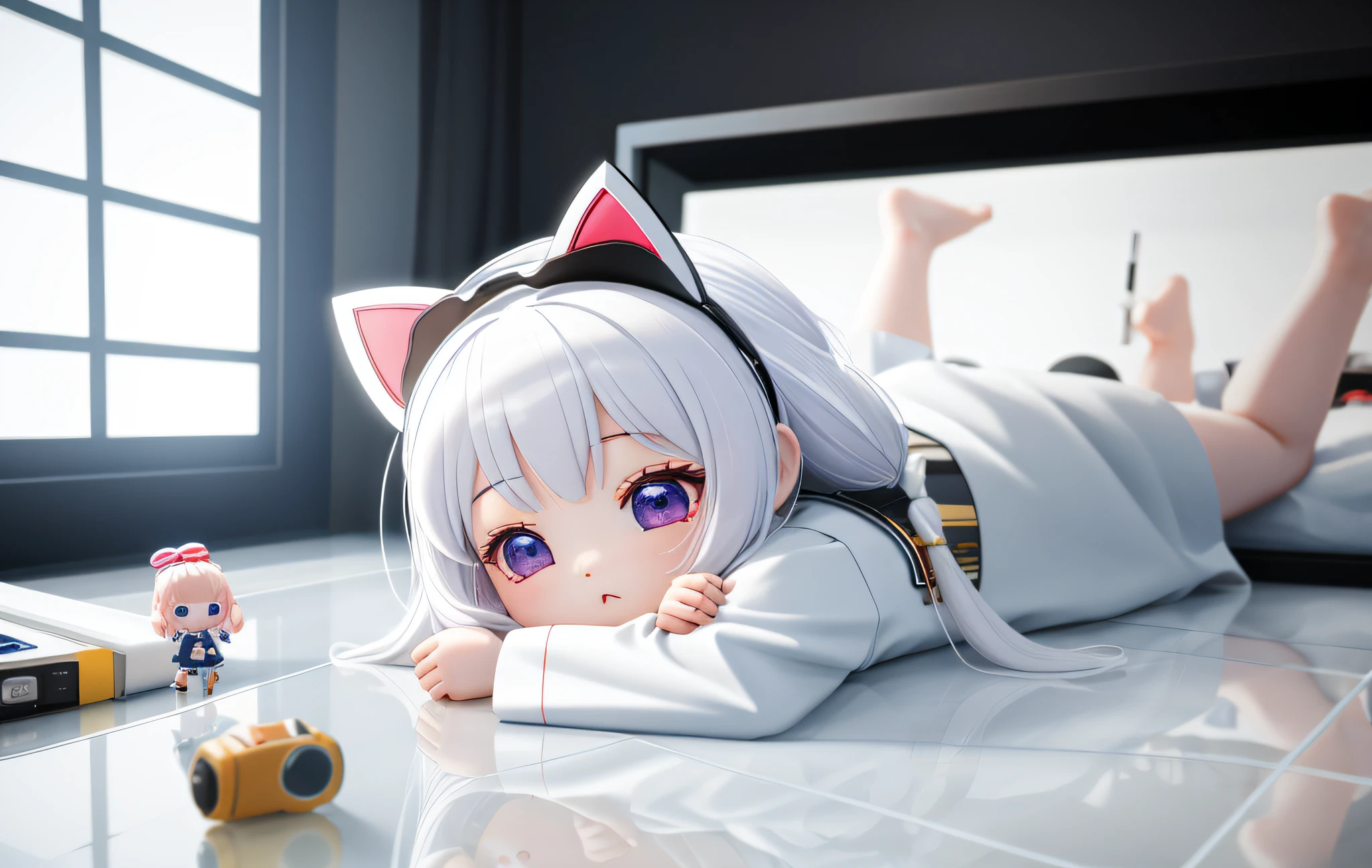 PopMart Blind Box IP, a close-up of a cute, white robe doll, young wanangel style, wearing long and fluent clothes, wlop style, pocelain doll, little people; Unreal Engine 5, Lite 3D/C4D production: 8K HD quality/lighting/ultra-detailed lens depiction 1.5, flawless, chibi background/cinematic.