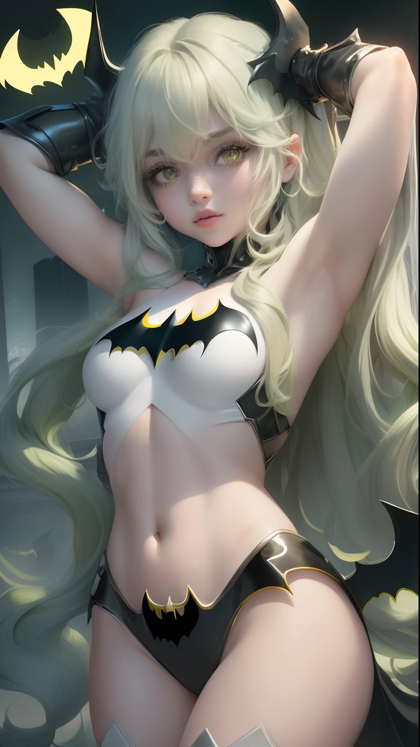 "((best quality,best ilumination)), Cute model with long white hair and athletic body, abdomen detalhado (((vestindo BATMAN))), seios acentuados e destacados, dynamic pose, fundo colorido, high saturation, luzes vibrantes." corpo inteiro (((cabelo branco))) (((olhos verdes)