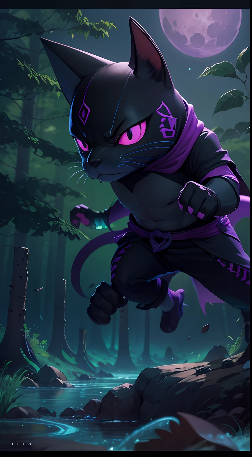 Create a vibrant dark fantasy shark ninja cat in a clean-lined minimalistic cartoon style, in the background a beautiful forest and a bright purple moon, octane render, 8k