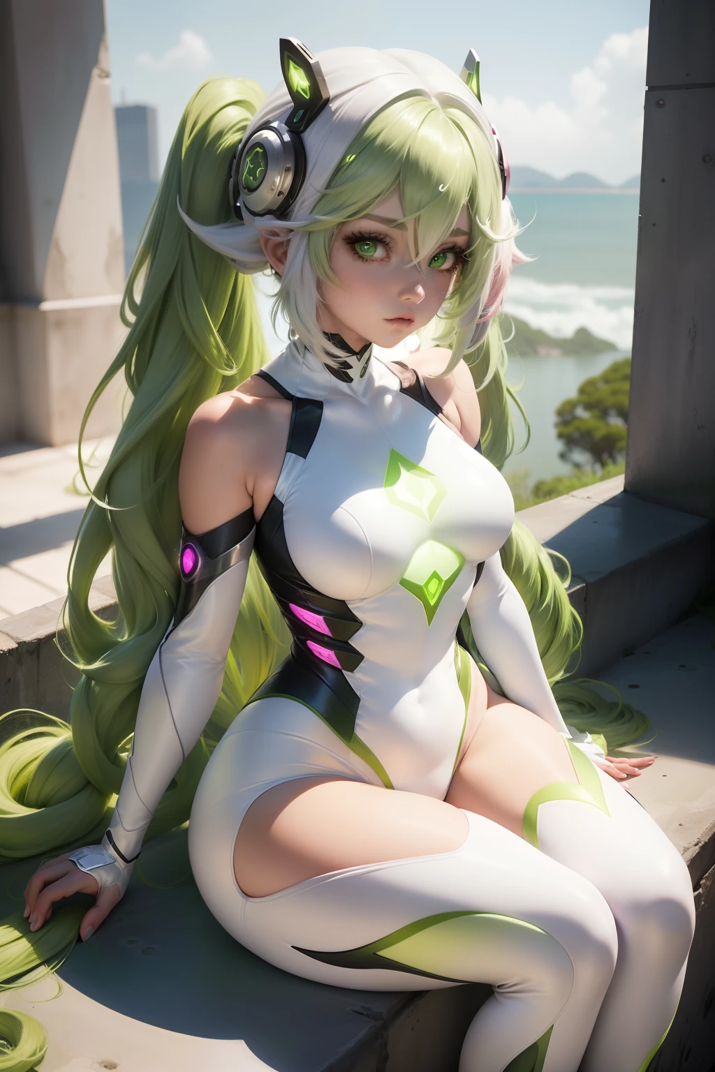 Woman with long white hair in a pink and white costume sitting on a ledge, ((Mulher-Aranha)), cybernetic suit, Cosplay realista, ((cybernetic suit)), Estilo futurista Homem-Aranha, garota android perfeita, cybersuits (((cabelo branco longo) ((olhos verdes)) (mechas verdes)