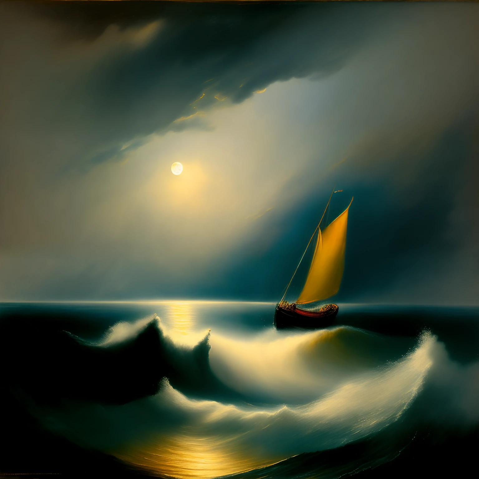 A small yacht is sailing on a stormy sea at night. The scene is illuminated by the moonlight. The light reflects off the roiling sea. Oil painting. Jmw Turner.