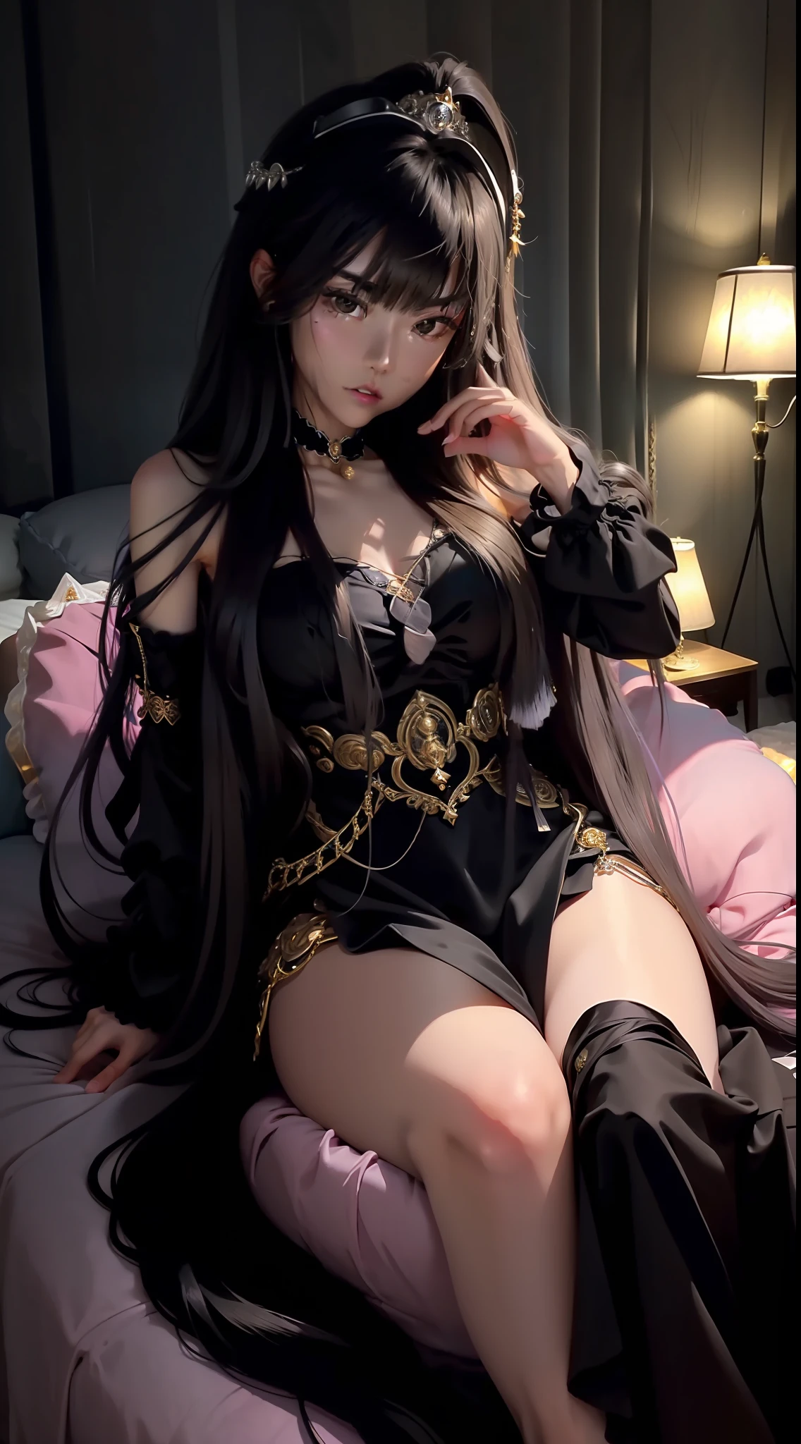 1 girl, solo, details, masterpiece, best quality, photorealistic realism, beautiful girl, long hair, black hair, skull headband, gold earrings, (((red eyes))), beautiful face, skull necklace, perfect body, large breast, open chest, black long dress, skull bracelet, gold earrings, gold belt, (((yellow panty))), musical instrument, (((turn back))), (((show her butt))), (((on ancient bed))), dark sky, dark temple,