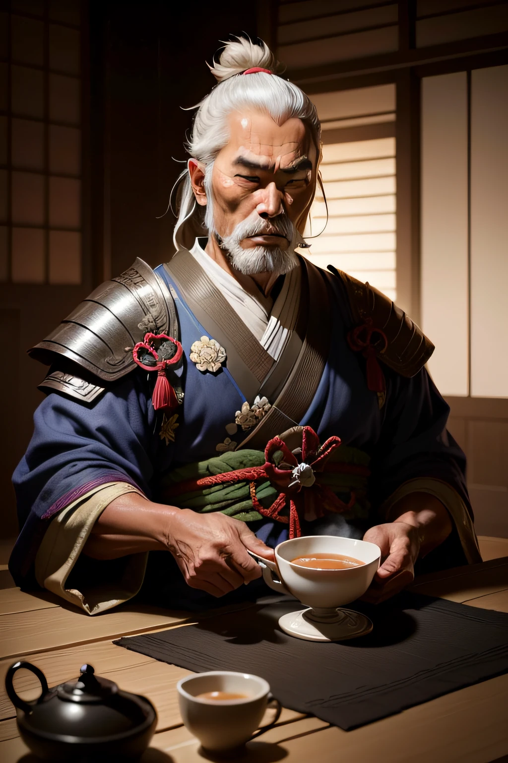 "The old samurai, with his strength and wisdom accumulated over the years, carefully prepared a cup of tea, apreciando cada momento de tranquilidade antes de mais um dia de batalha.”