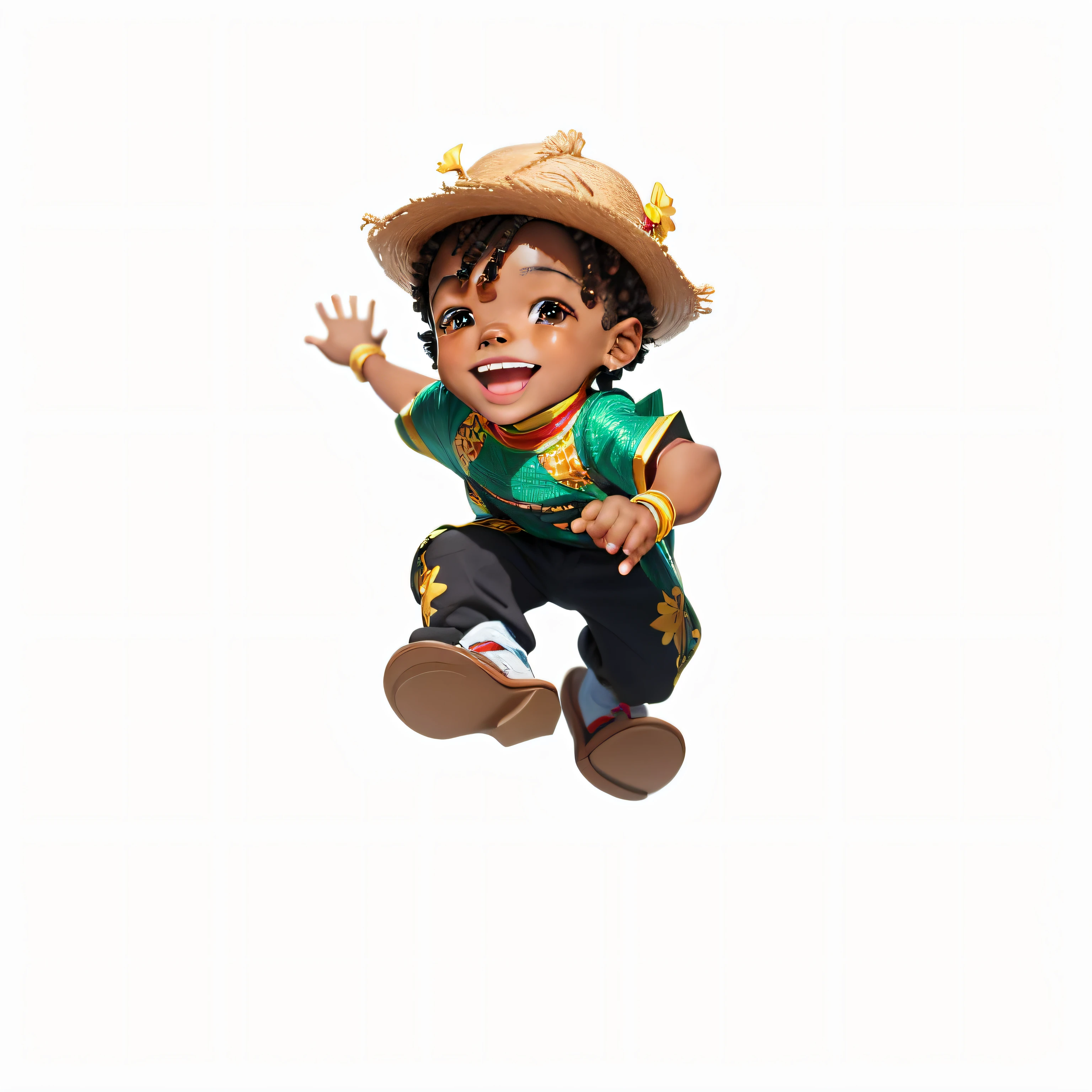 "Turn the image into a portrait of an adorable and lively black boy, with African facial features. He's radiant, sorrindo e celebrando, cheio de alegria e felicidade, roupa de festa junina, Make your hands well detailed, estilo cartoon"