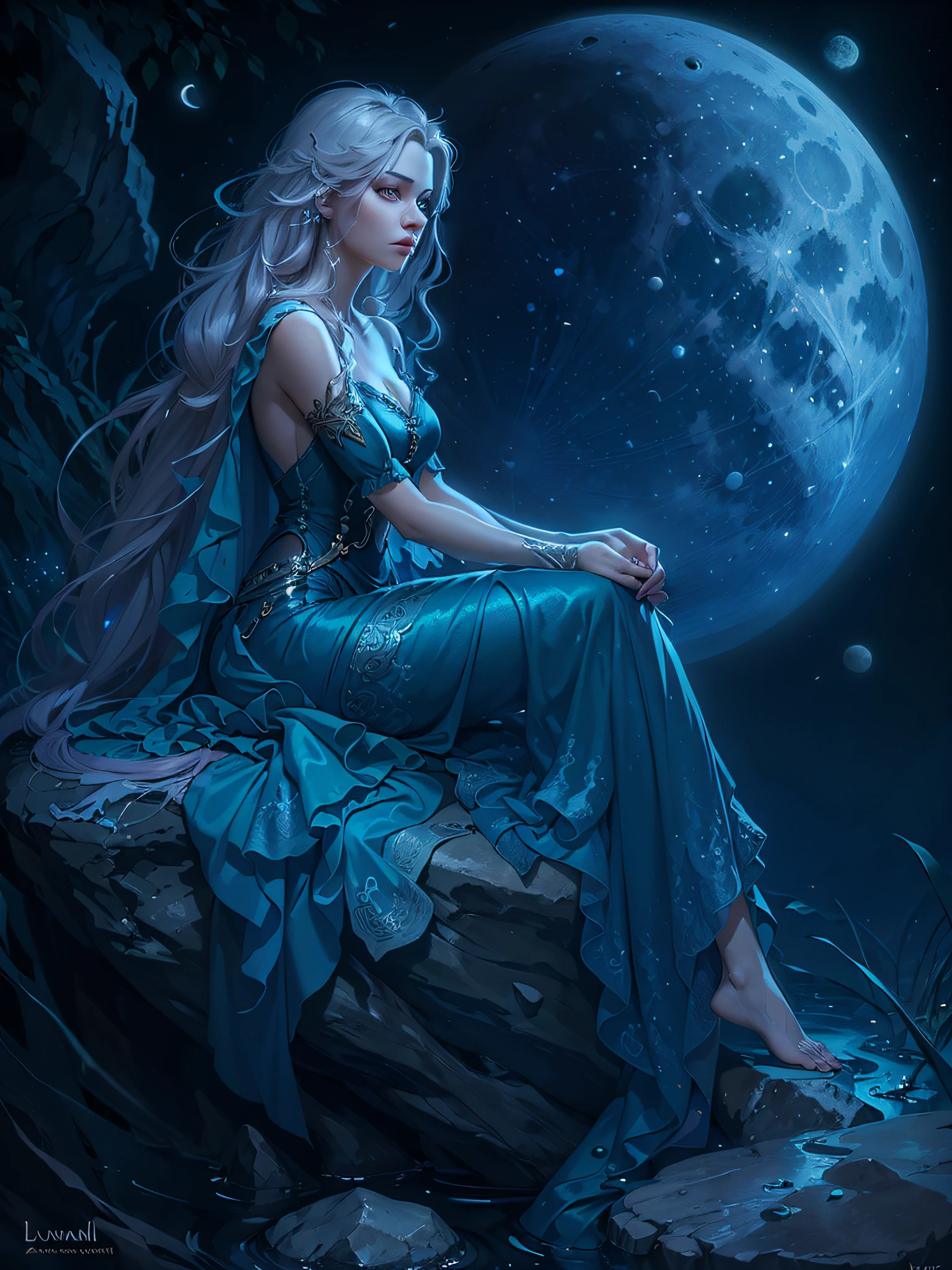 arafed woman in a blue dress sitting on a rock, Lucian, lunar goddess, karol bak uhd, portrait of a norse moon goddess, moonlit night dreamy atmosphere, Fantasy Woman, Goddess of the moon, dream magical、aethereal、darkly, Ethereal beauty, lunar goddess, Beautiful Rapunzel, beautiful fantasy maiden, dreamy night