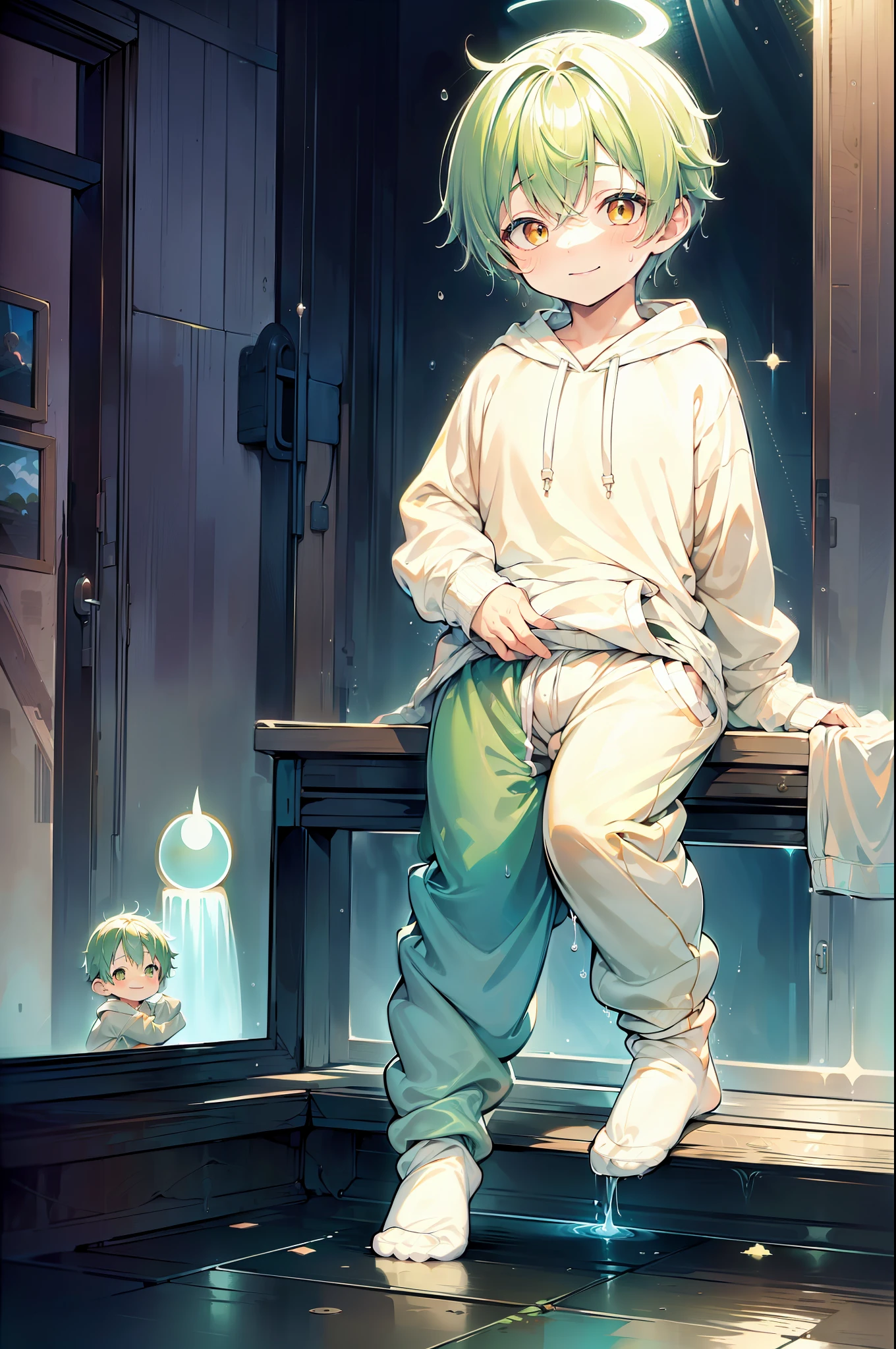 Masterpiece, chubby  boy with green hair and shiny bright orange colored eyes and small socks wearing a hoodie, and oversized sweatpants sitting in a his room, raining outside window, young, boy, child,l, toddsoft lit, (sweatpants:1.4), (undersized socks:1.4), (Boy:1.4), (Shota:1.4), (Young:1.4), (Male:1.4), (smiling:1.4), (foot:1.4), (shy:1.4), (pastel:1.0), (colors:1.0), (cute colors:1.0), (divine:1.0),