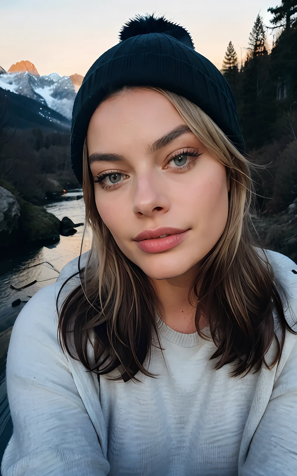 Margot Robbie, photorealistic, best quality, hyper detailed, beautiful woman, selfie photo, upper body, solo, wearing pullover, outdoors, (night), mountains, real life nature, stars, moon, (cheerful, happy), sleeping bag, gloves, sweater, beanie, flashlight, forest, rocks, river, wood, smoke, fog, clear sky, analog style, looking at viewer, skin texture, film grain, close up, ultra high res, best shadow, RAW, instagram LUT