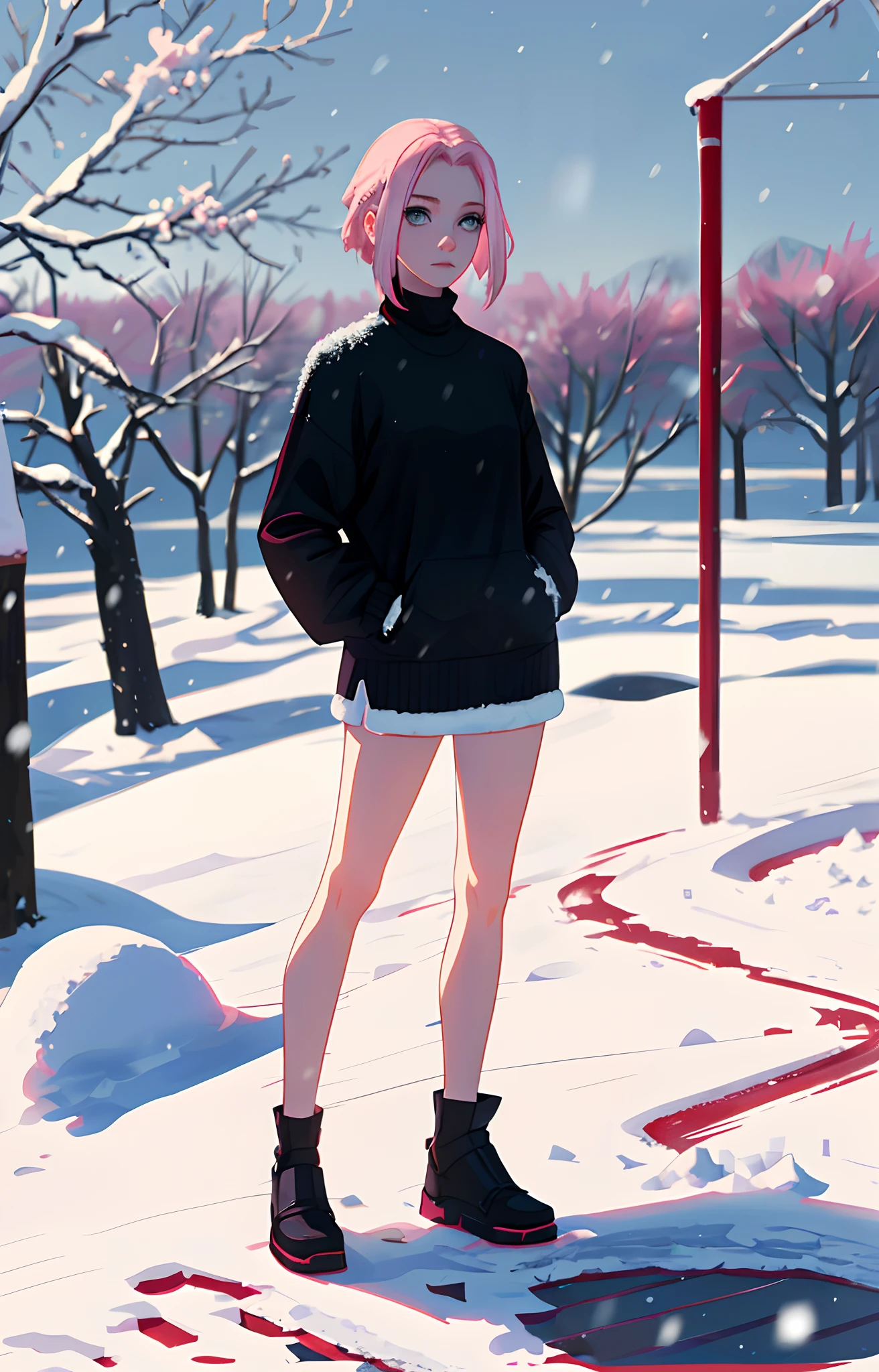Sakura haruno, ((solo)), alone, ((forehead to show)), elegant,wearing black sweater, pink hair, delicate, young, short hair, detailed face, high definition, ((full body)), (snow around her), whole body, ((snowy day)), looking at the sky, she is a beautiful woman contemplating the snow, face with high quality, love