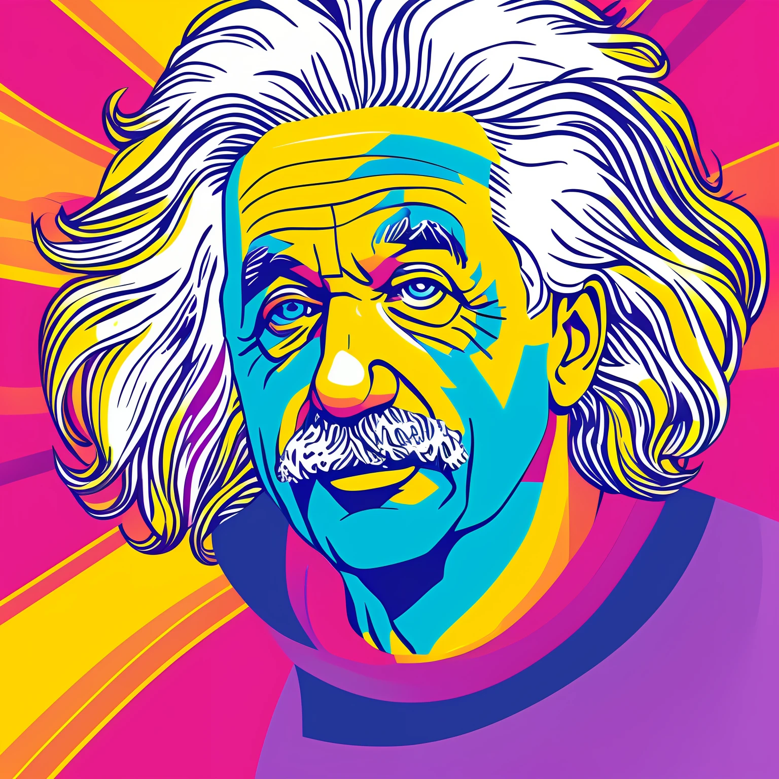 T-shirt graphic design art, flat design of a retro, Albert Einstein face showing tongue, colorful tones, highly detailed cleanliness, vector image, photorealistic masterpiece, professional photography, flat white background, isometric, vibrant vector ((colored background))