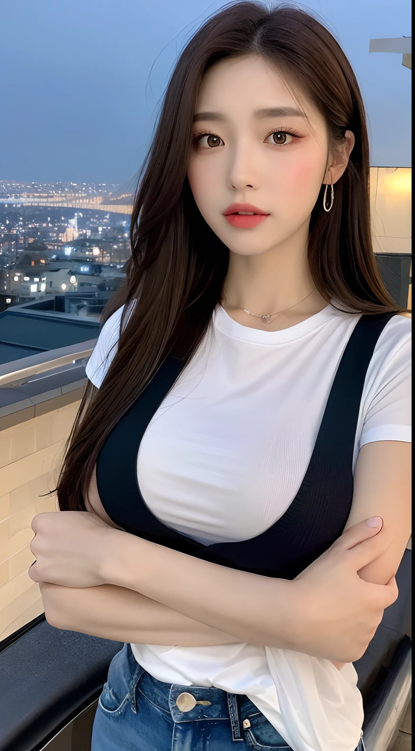 ((Midnight, Best quality, 8k, Masterpiece :1.3)), Whole body, Long legs, Sharp focus :1.2, A pretty woman with perfect figure :1.4, Slender abs :1.1, ((Dark brown hair, Big breasts :1.2)), (White tight tshirt, Jean bib, Standing:1.2), ((Night city view, Rooftop:1.3)), Highly detailed face and skin texture, Detailed eyes, Double eyelid