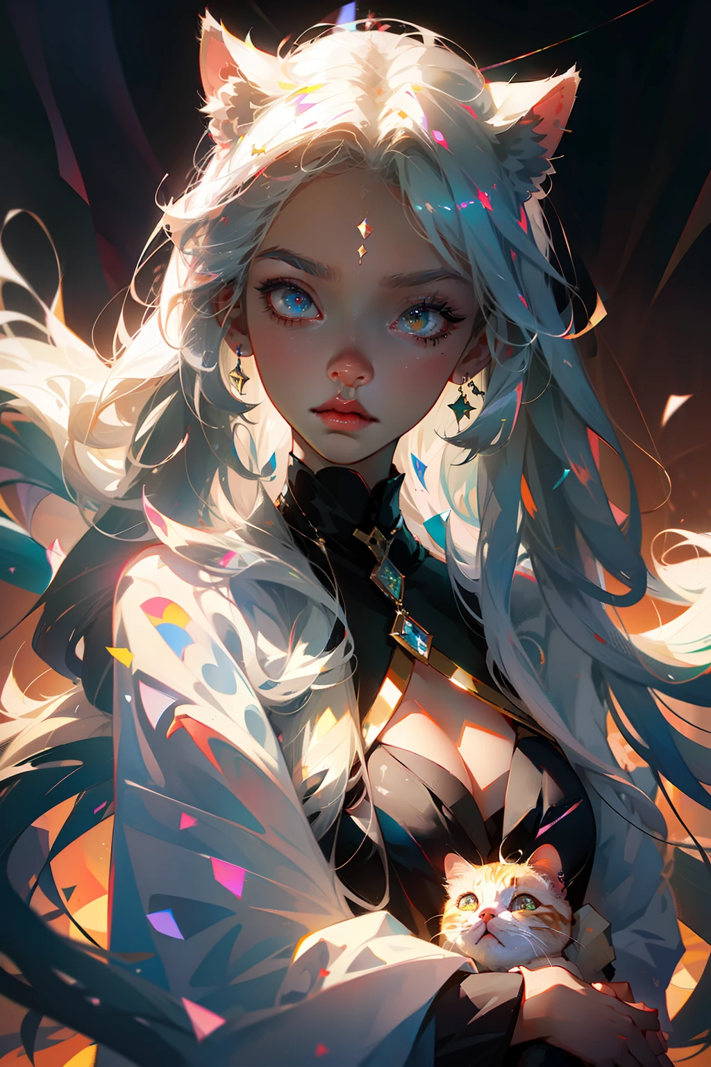 silver hair, ahoge, curtained hair, long hair, hair spread out, shiny hair, animal ears, cat ears, mismatched pupils, gradient eyes, heterochromia, red eyes, star-shaped pupils, diamond-shaped pupils, tsundere, anime, chromatic aberration, symmetry, character chart, three sided view, 4K --auto