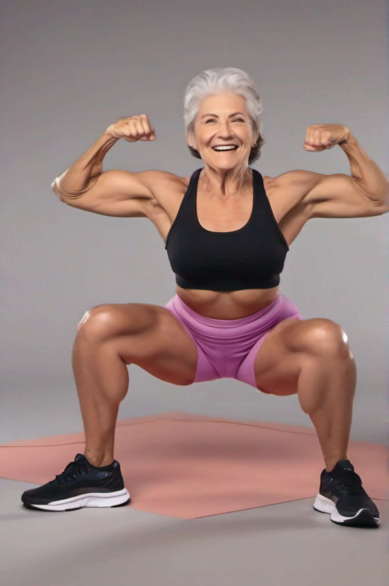 Senhora idosa, musculosa, wearing gym clothes,  Doing pose showing the muscles, sorriso expressivo, muscular grandma, ambiente de asilo, detalhes intrincados, 8k