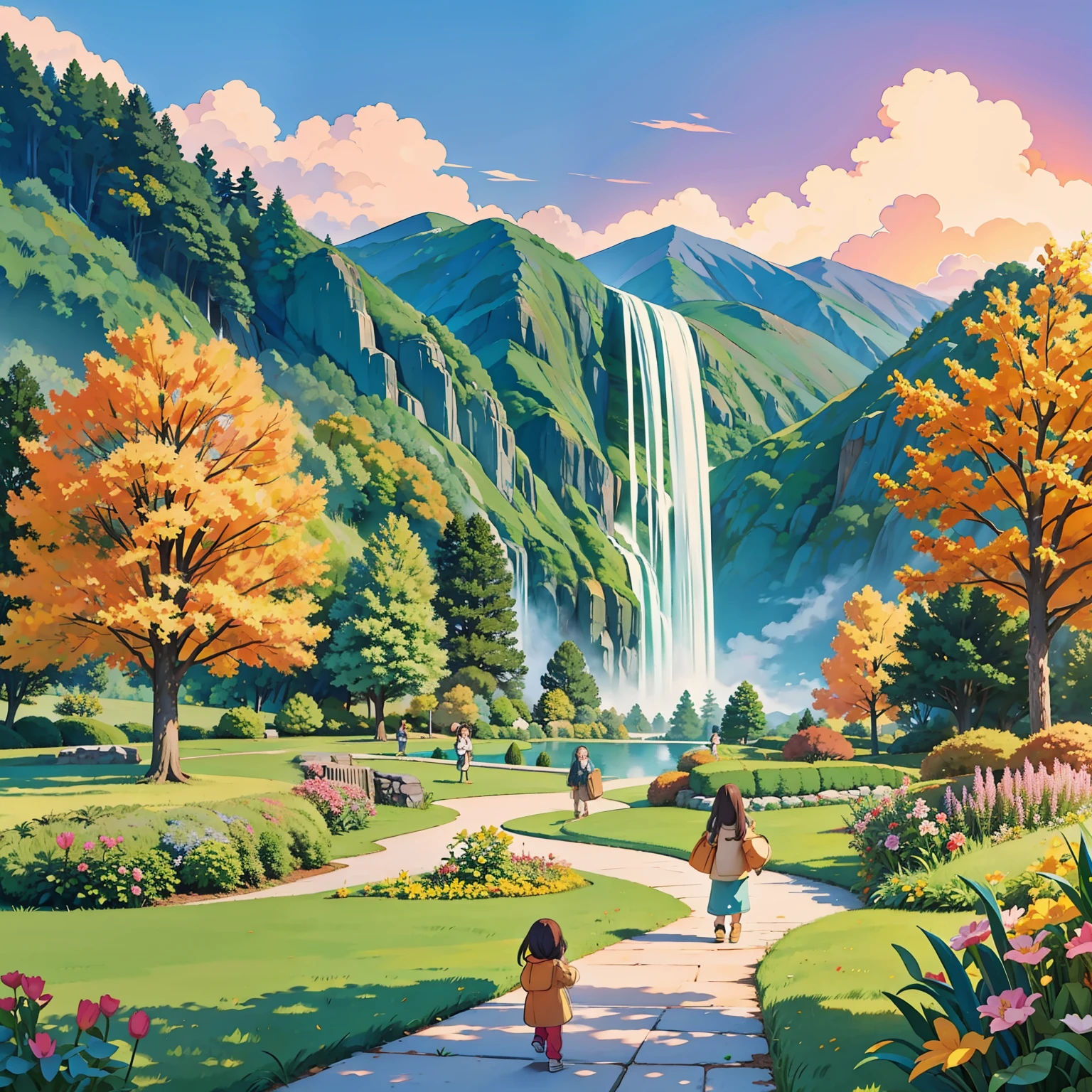 autumnal,Illustration of a mountain dwelling,There is a huge waterfall in the backyard,A beautiful brick path leads to the beautiful gardens,Children play in the beautiful grassy garden at sunny dusk,Amazing snow,Birds draw the sky