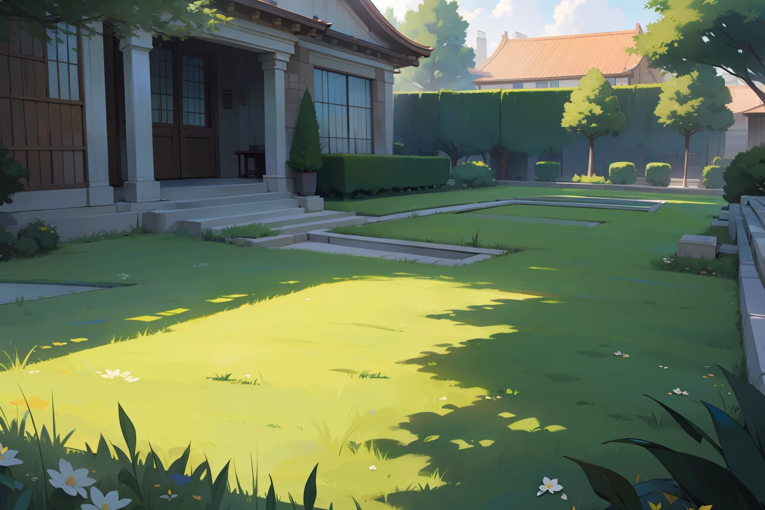 A yard all green, professional, elegant, anime style