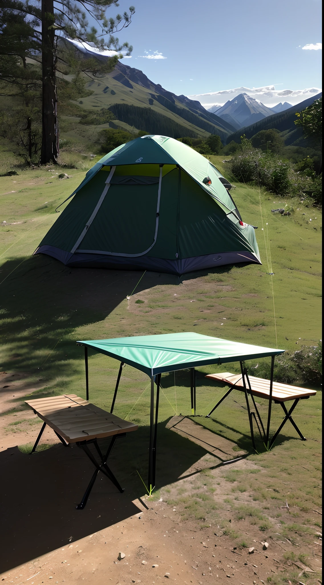 (8K UHD、RAW Photography、Photorealsitic:1.5、Digital SLR、Lifelike images)、(Photos of camping tents and camping tables、Barbecue dishes are lined up on the table、There are no people)、(The color of the tent is dark green、The table is collapsible and light blue)、(A beautiful clear stream flowing a short distance from the tent、blue-sky、It is surrounded by forests、You can see a big mountain in the back.)