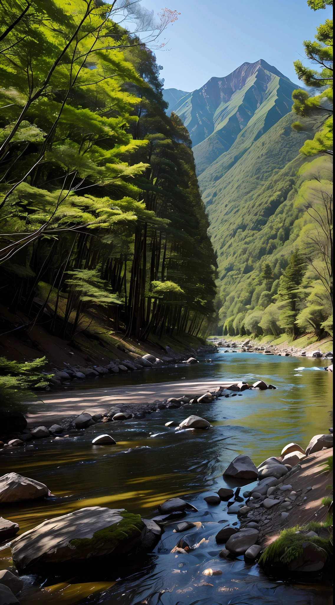 (8K UHD、RAW Photography、Photorealsitic:1.5、Digital SLR、Real as real)、(Photos of camping tents and camping tables、Tents and tables are nearby、There are no people)、(The color of the tent is dark green、The table is collapsible and light blue)、(A river flows a short distance from the tent、The river is a beautiful clear stream、blue-sky、It is surrounded by forests、You can see a big mountain in the back.)