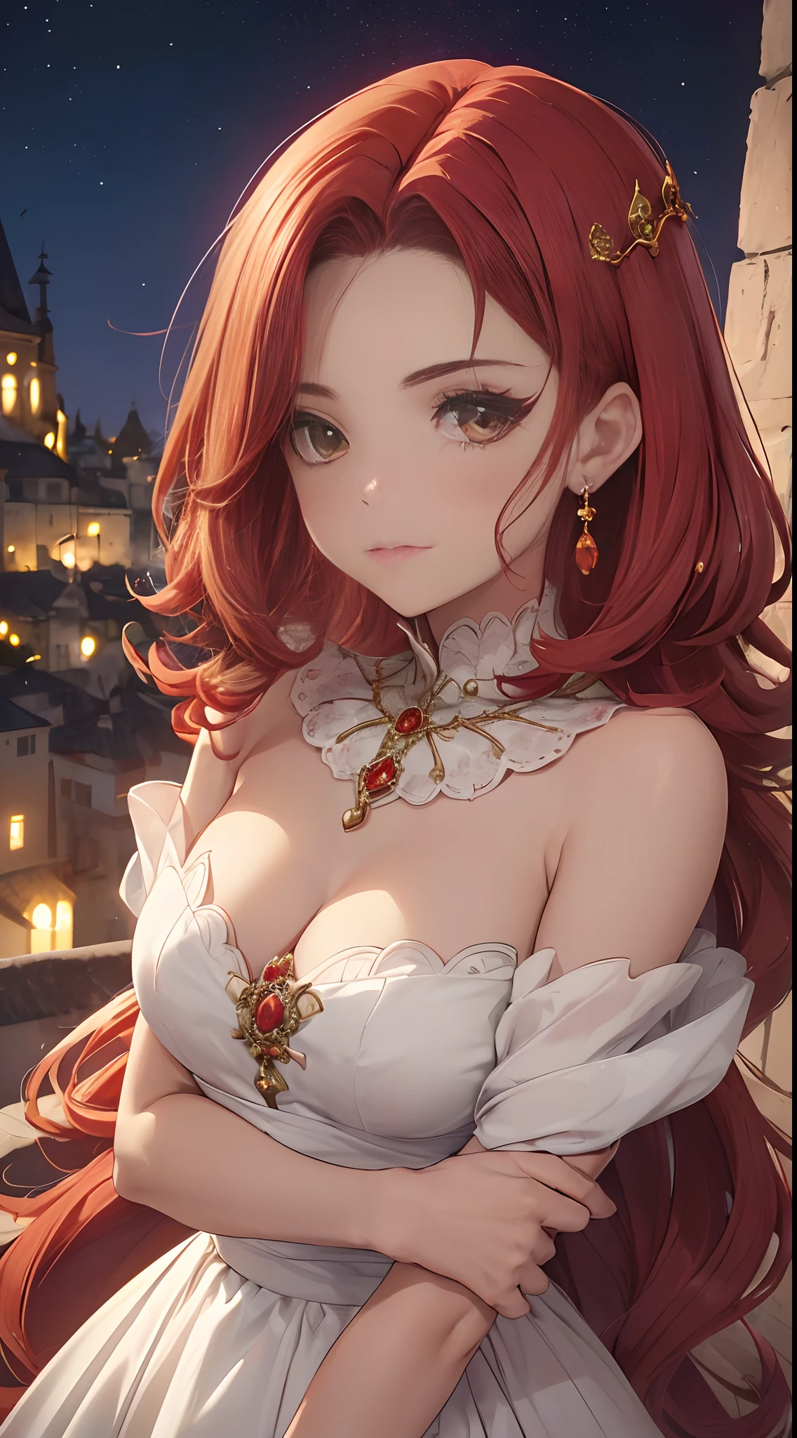"((1garota+com cabelo vermelho comprido cacheado):1.3),(vestido de princesa curto, rosto delicado),parede de castelo, noite de lua cheia, Panning"